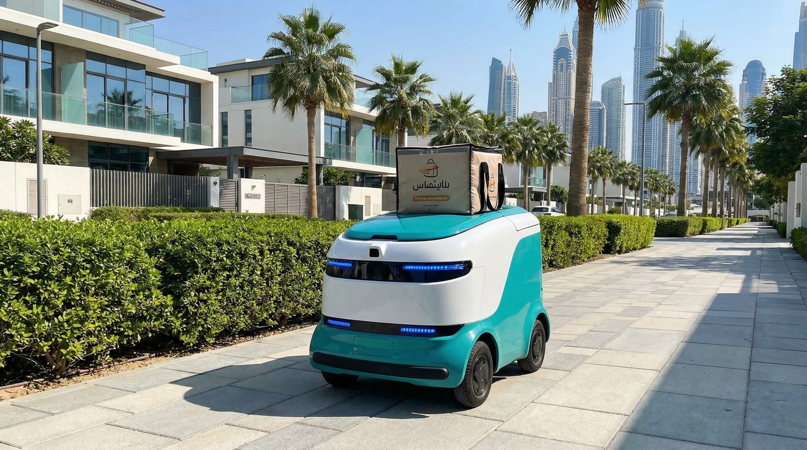 Autonomous delivery robot navigating a Dubai sidewalk