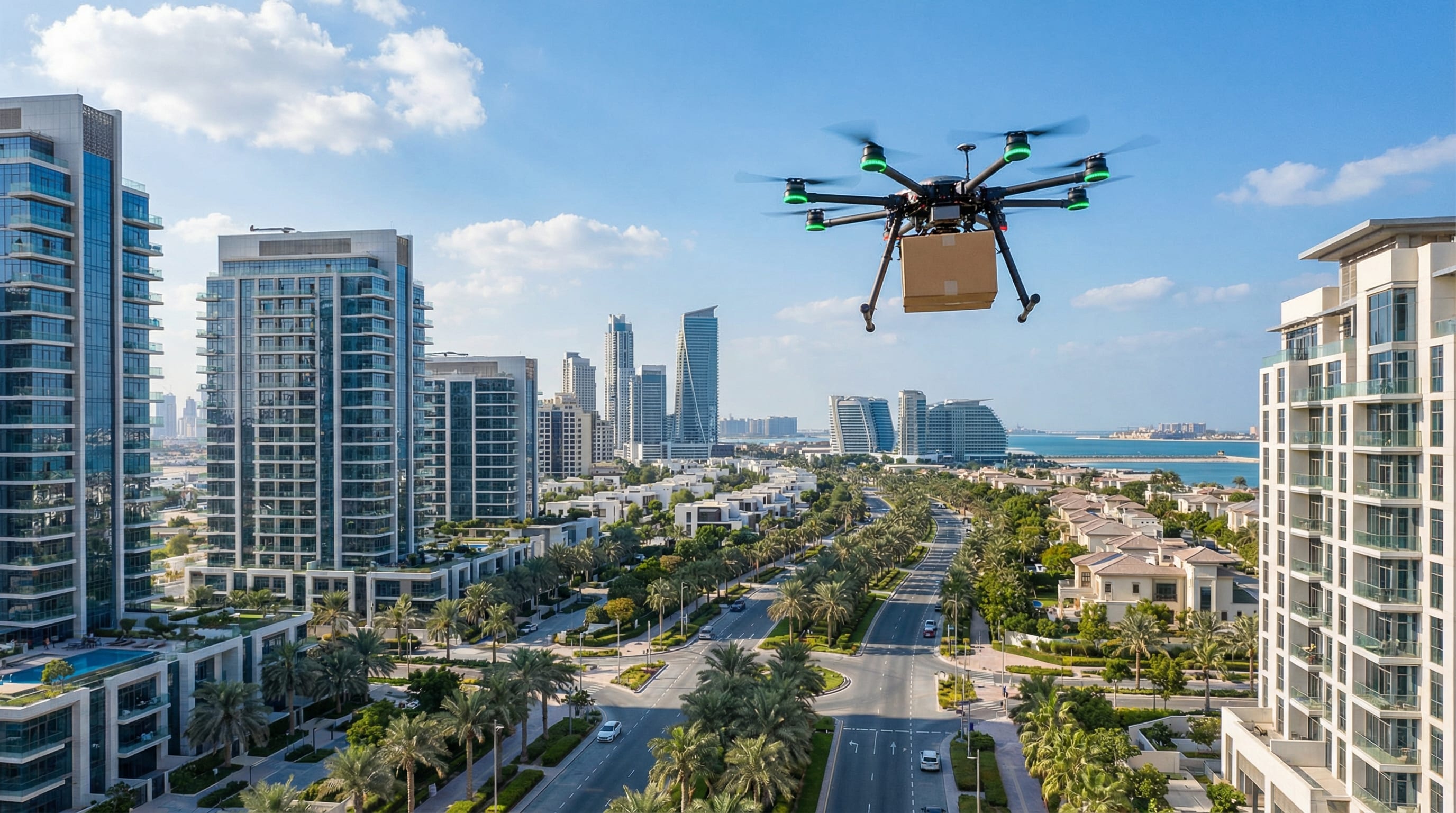 Delivery drone carrying a parcel flying over Dubai residential area
