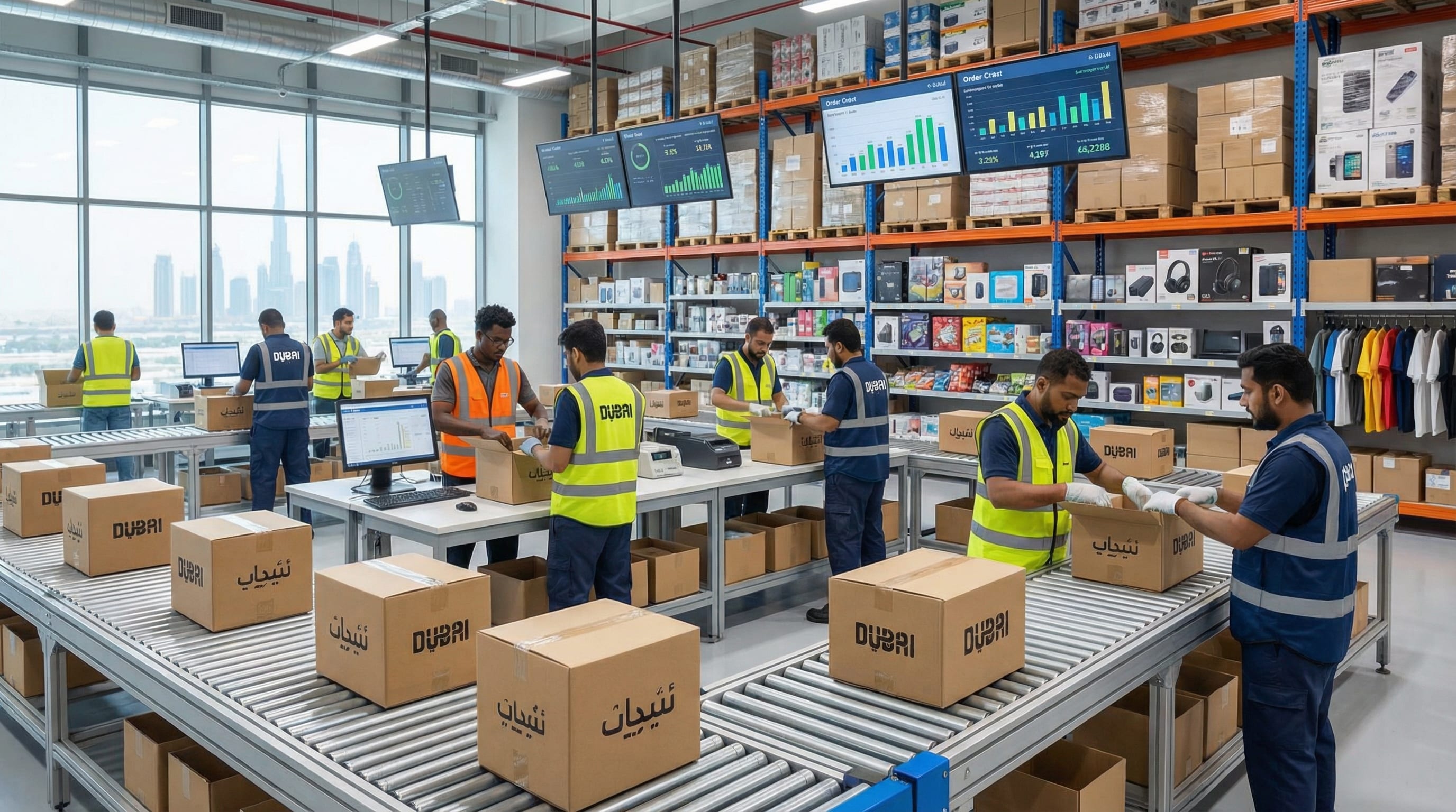 E-commerce fulfillment center in Dubai with workers packing orders