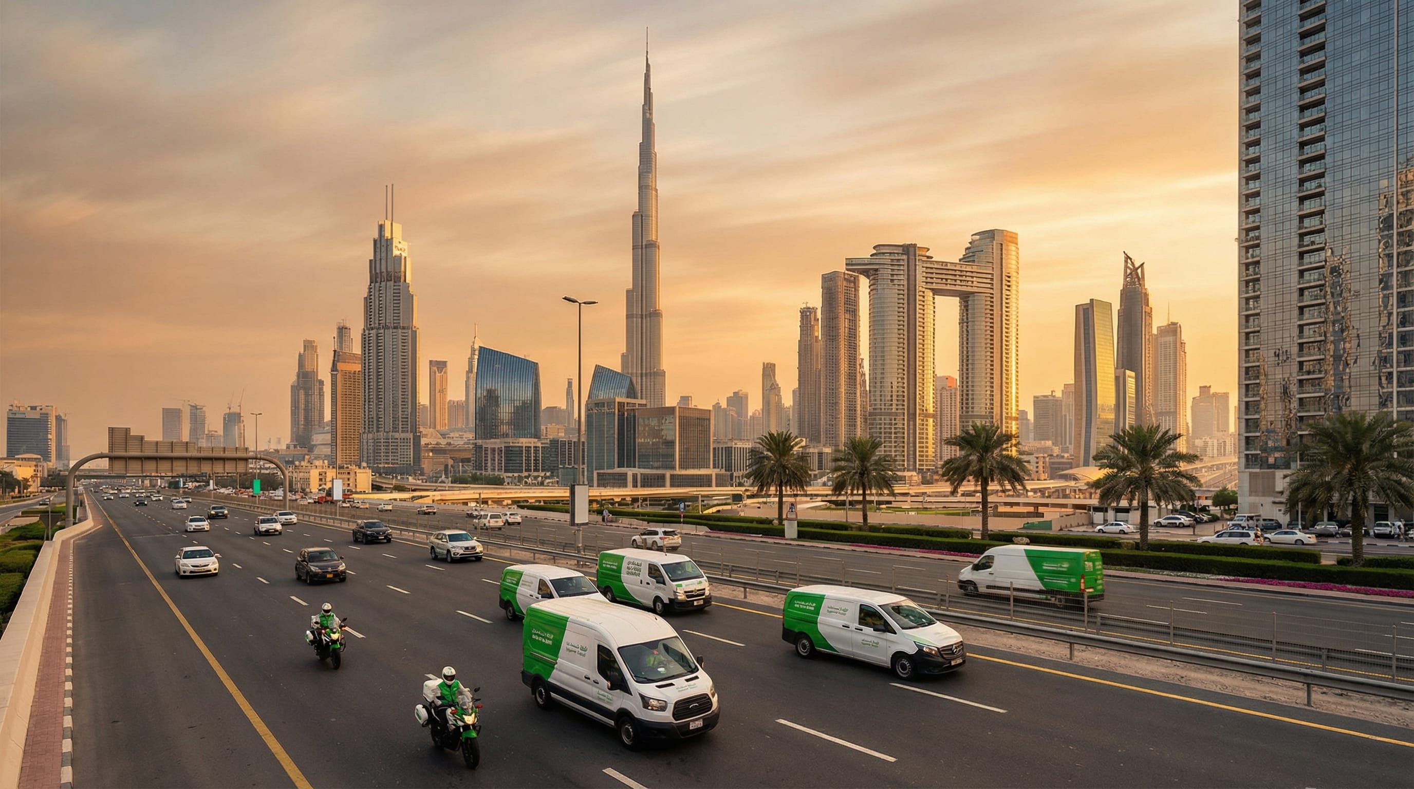 Delivery vans and couriers on a Dubai highway at golden hour with Burj Khalifa in the background