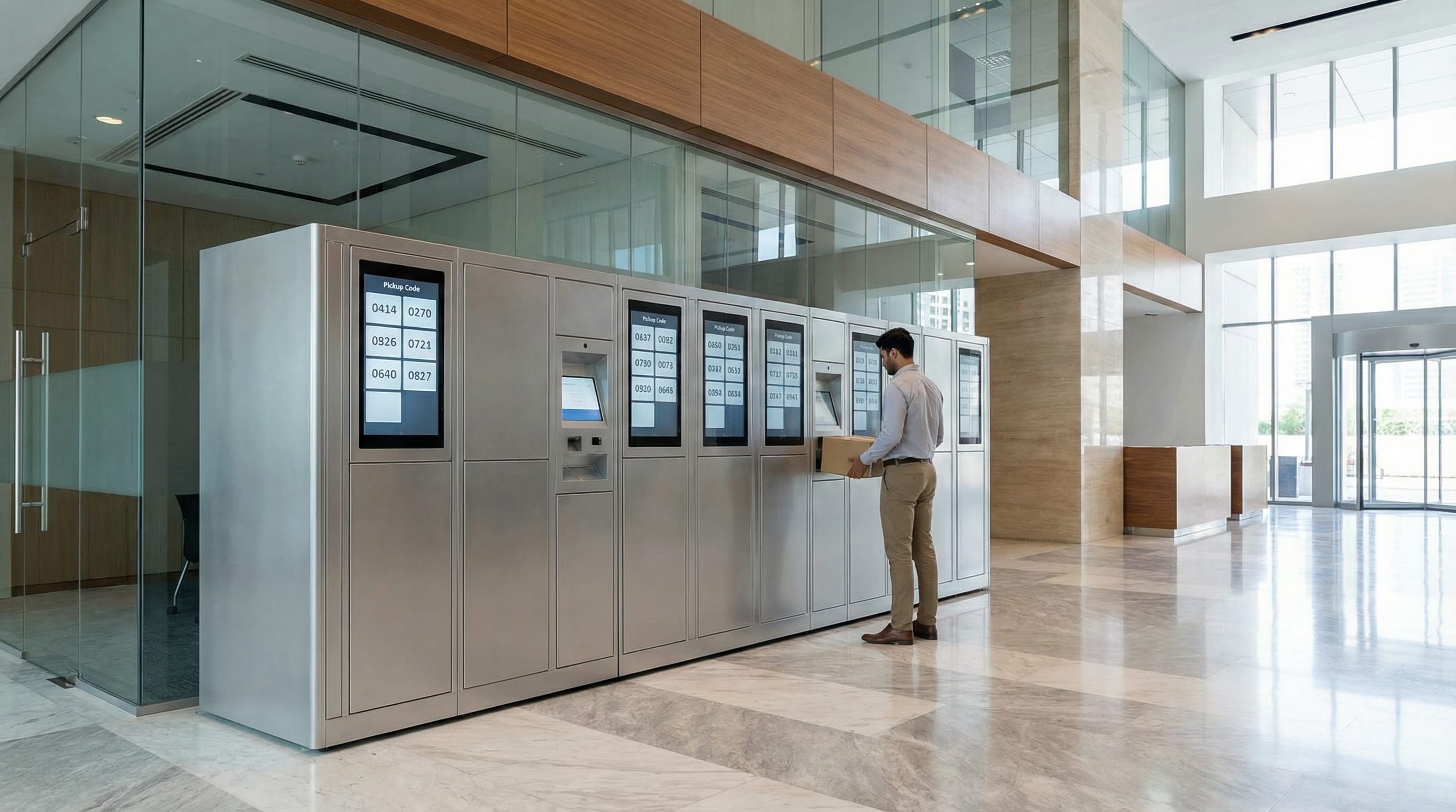 Smart parcel lockers in a Dubai commercial building lobby