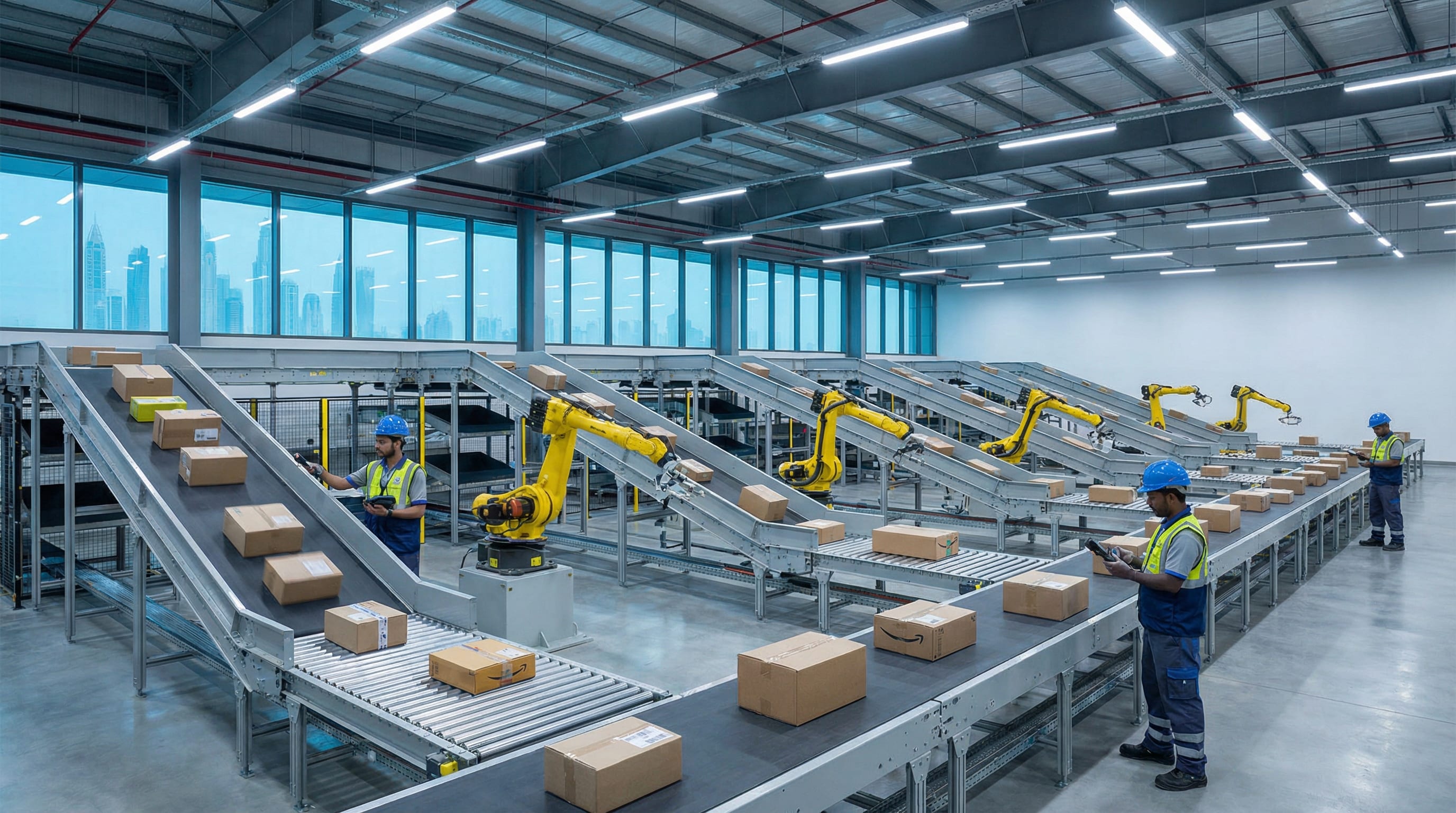 Modern parcel sorting facility in Dubai with automated conveyor belts and robotic arms