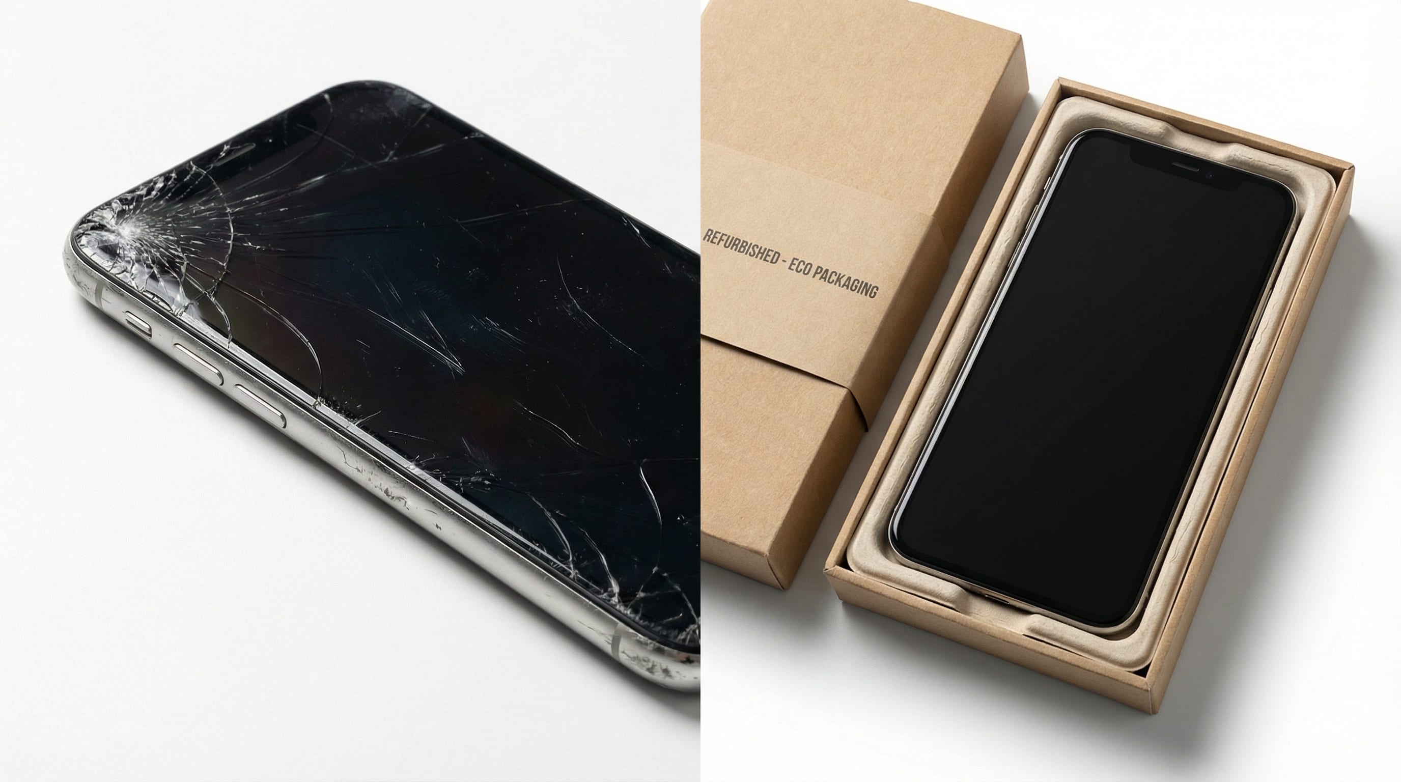 Side-by-side comparison of a damaged phone and a fully refurbished phone ready for resale