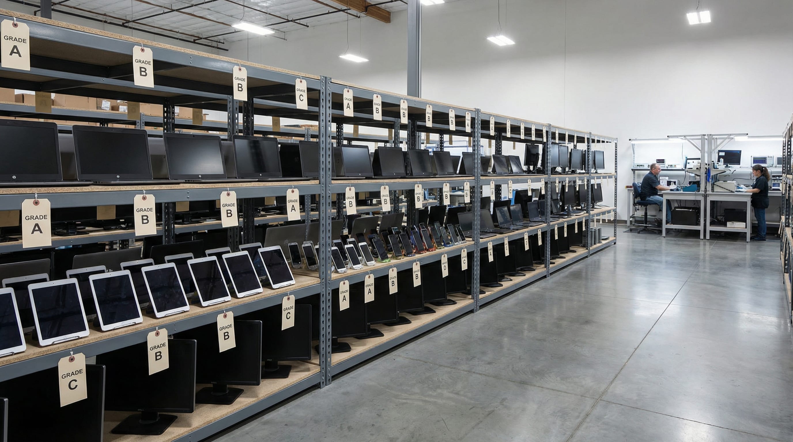 Graded electronics arranged on shelves by quality level A through D in a refurbishment facility