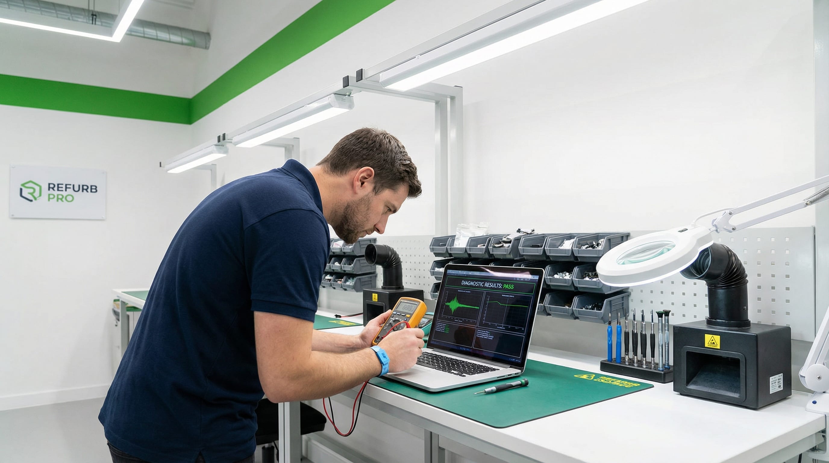 Technician testing and refurbishing a laptop in a modern electronics refurbishment facility