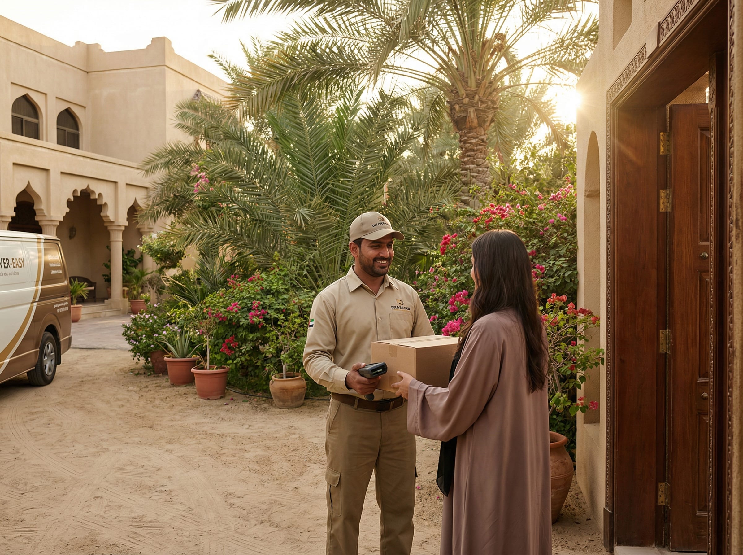 Courier delivery driver scanning a parcel at a customer doorstep in an Al Ain residential neighbourhood