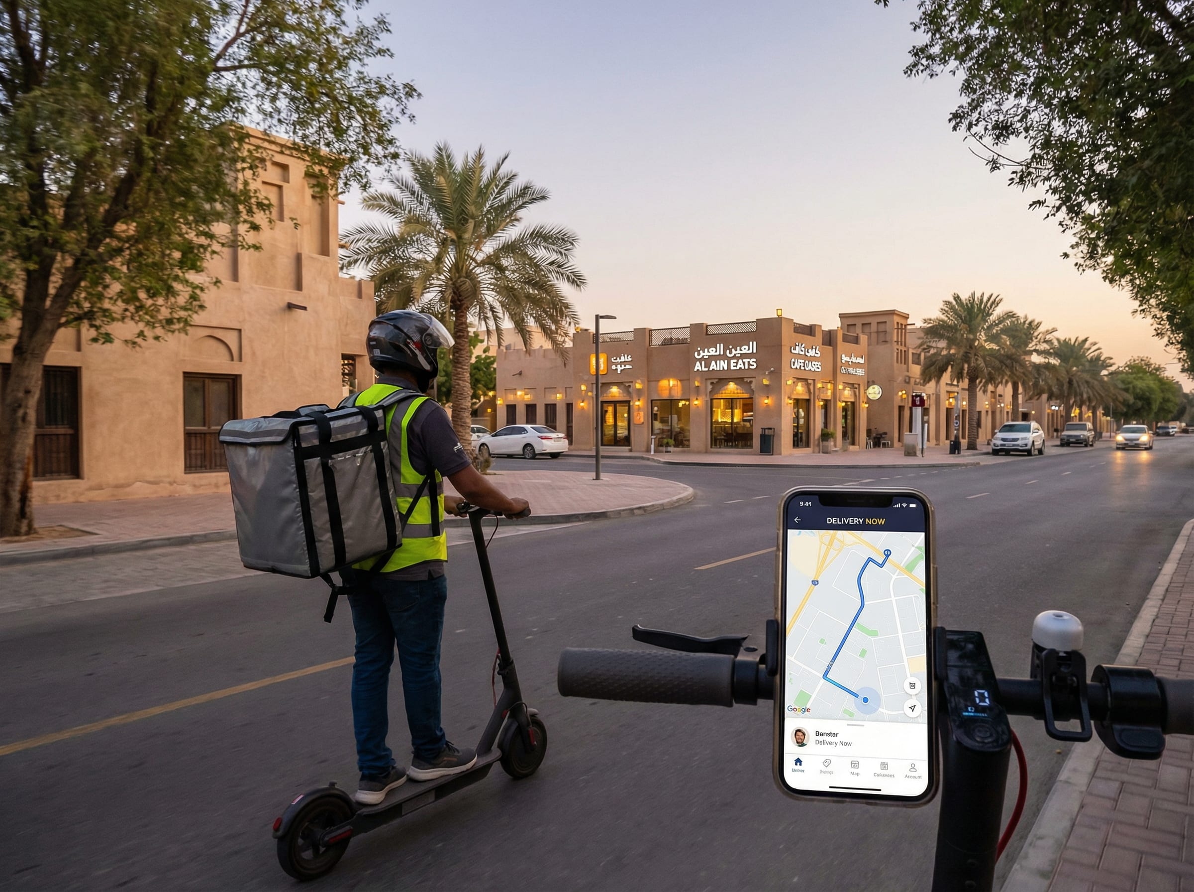 Food delivery rider on a motorbike navigating an Al Ain residential street with insulated delivery bag