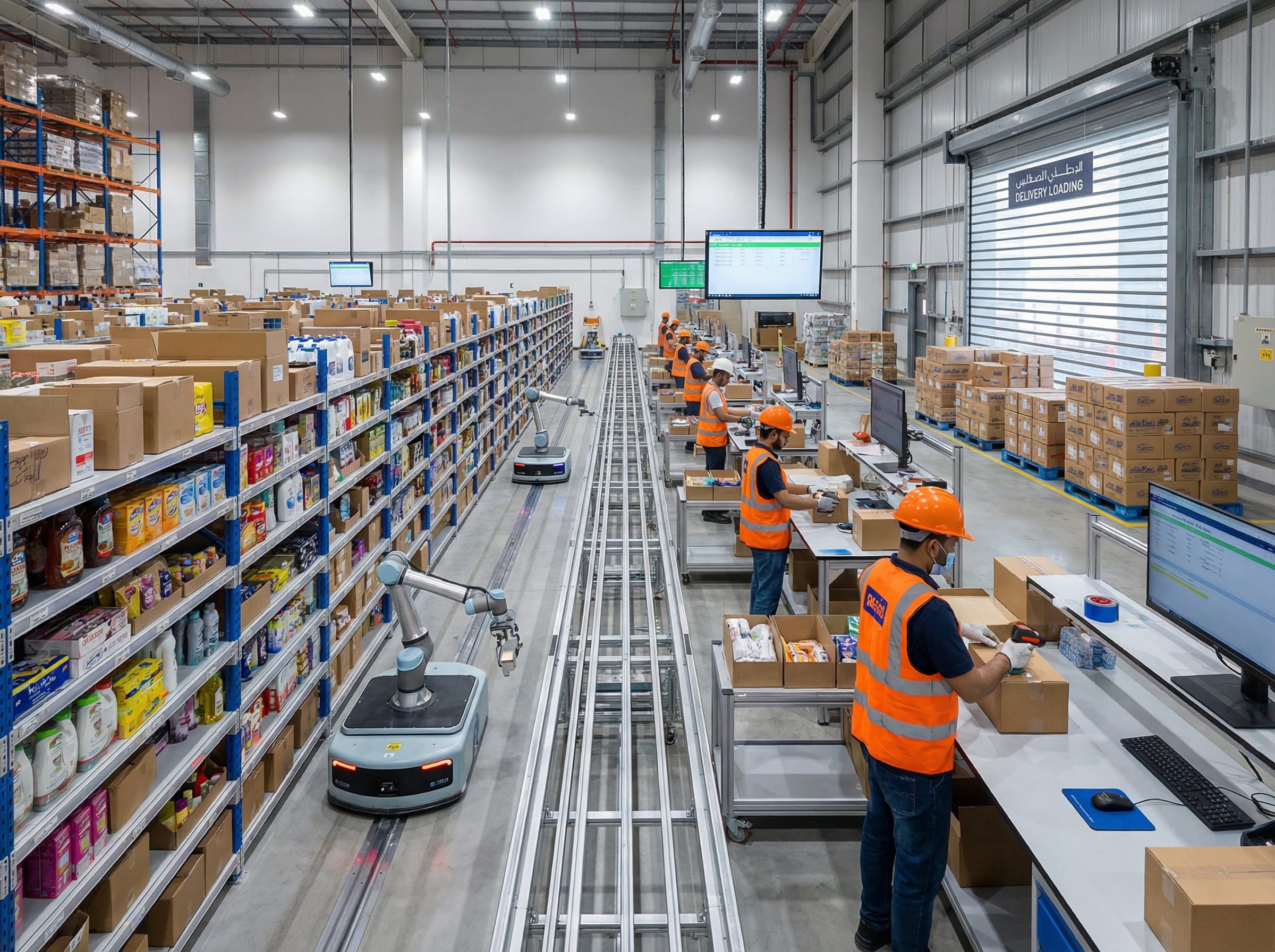Warehouse fulfillment centre with workers picking orders and parcels on conveyors ready for dispatch to Al Ain