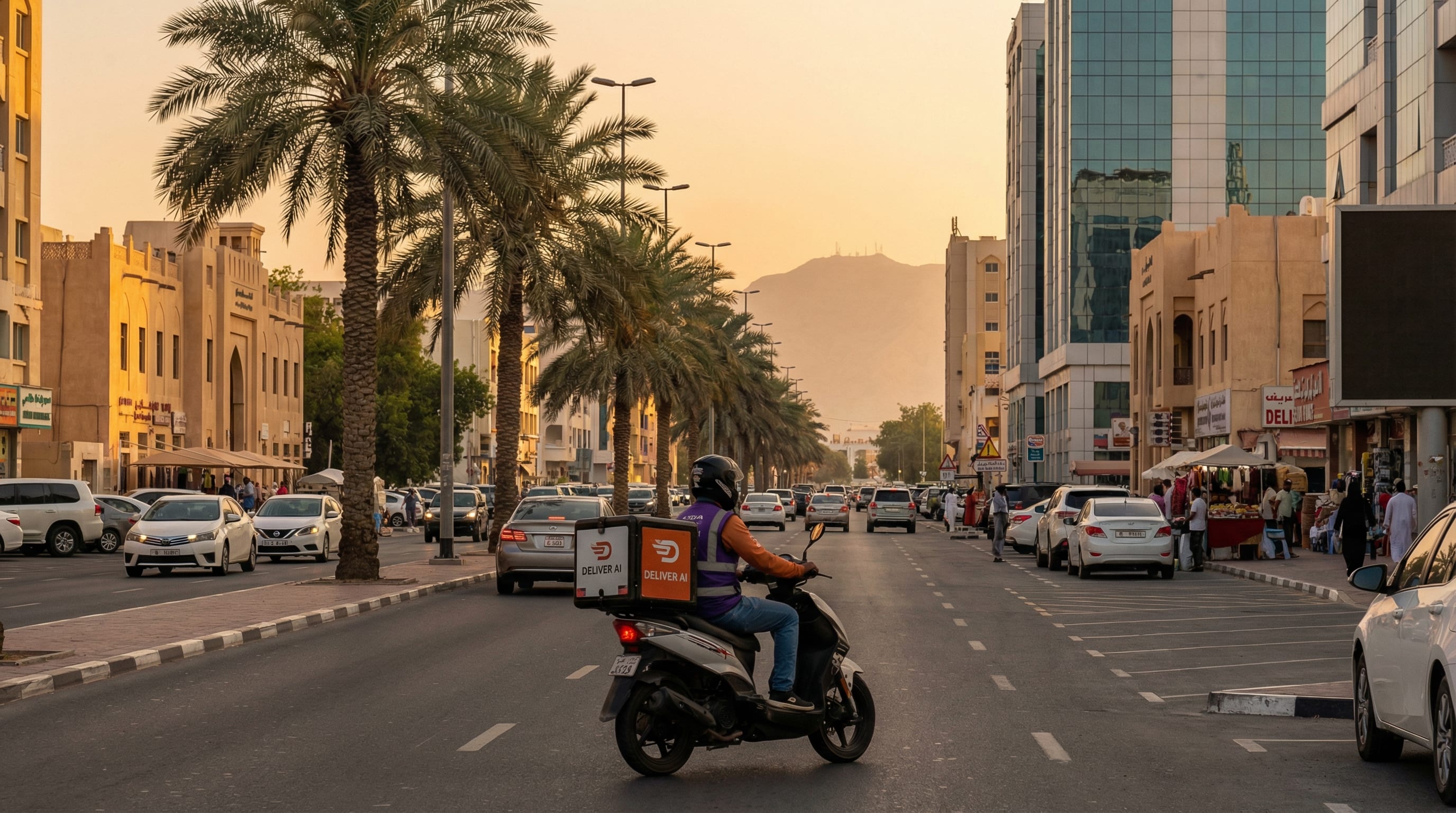Al Ain cityscape with the Hajar Mountains in the background and a delivery vehicle on Al Ain&rsquo;s main road