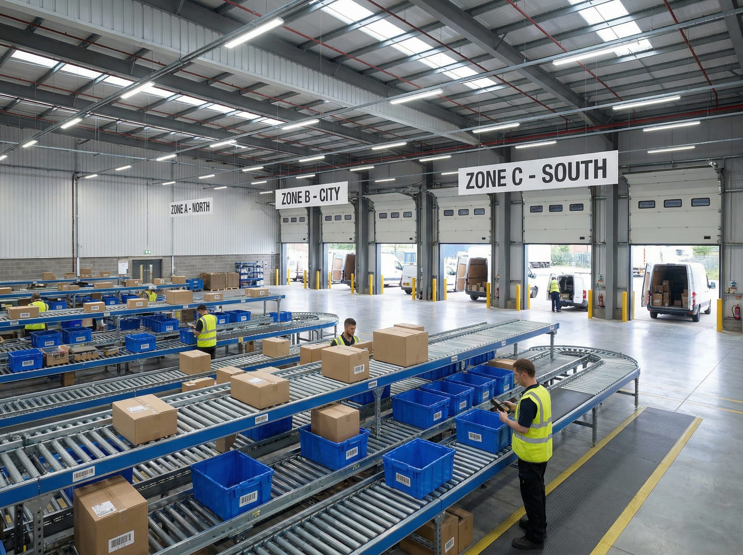 Logistics hub facility near Al Ain with sorting area and delivery vehicles being loaded