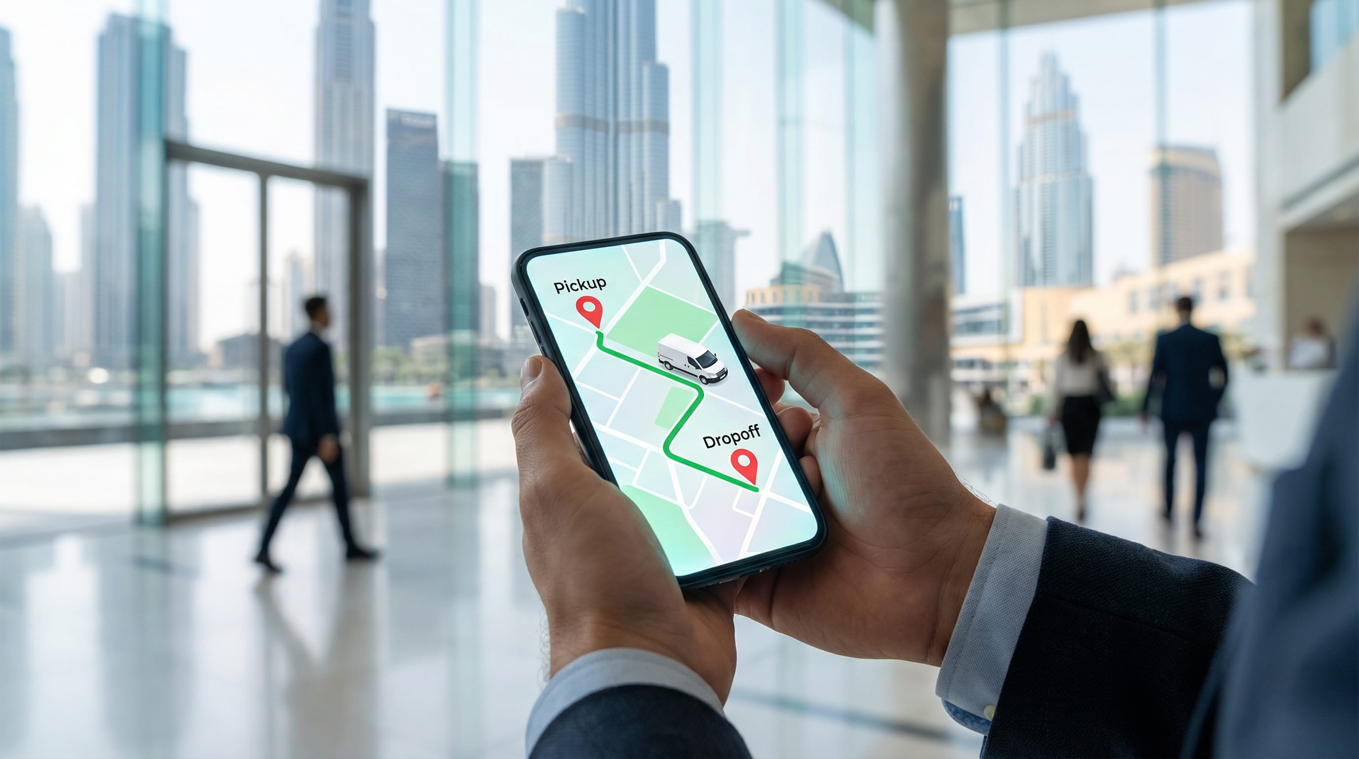Mobile app interface showing real-time delivery tracking map with driver location and ETA in Dubai