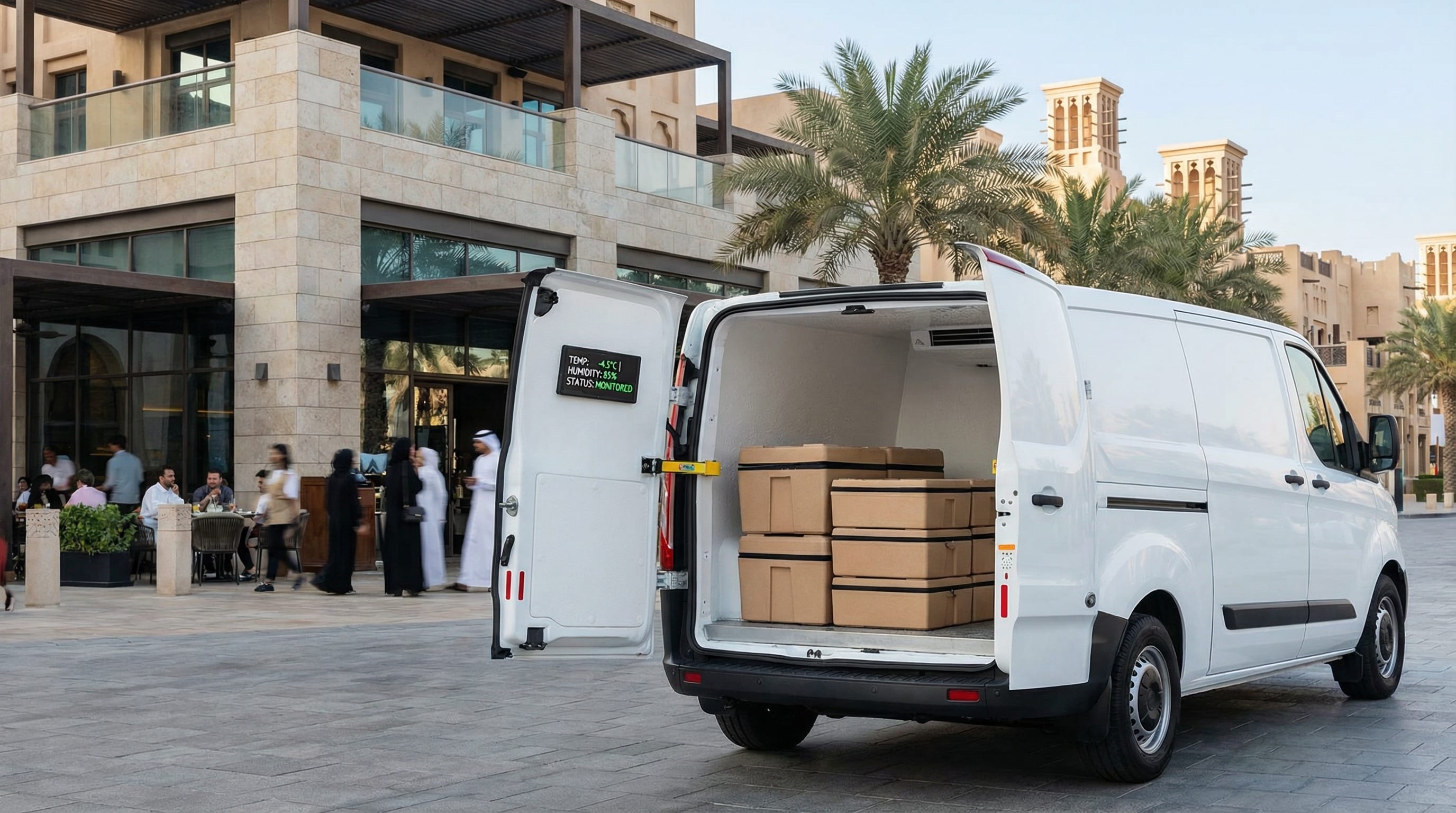 Refrigerated chiller van with temperature monitoring display showing cold chain delivery in UAE