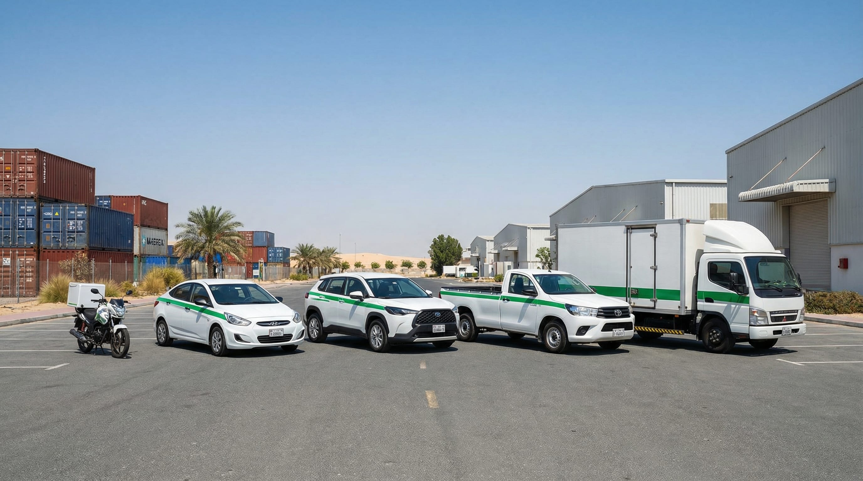 Fleet of delivery vehicles in Dubai including motorcycles, sedans, SUVs, and trucks lined up at a logistics hub