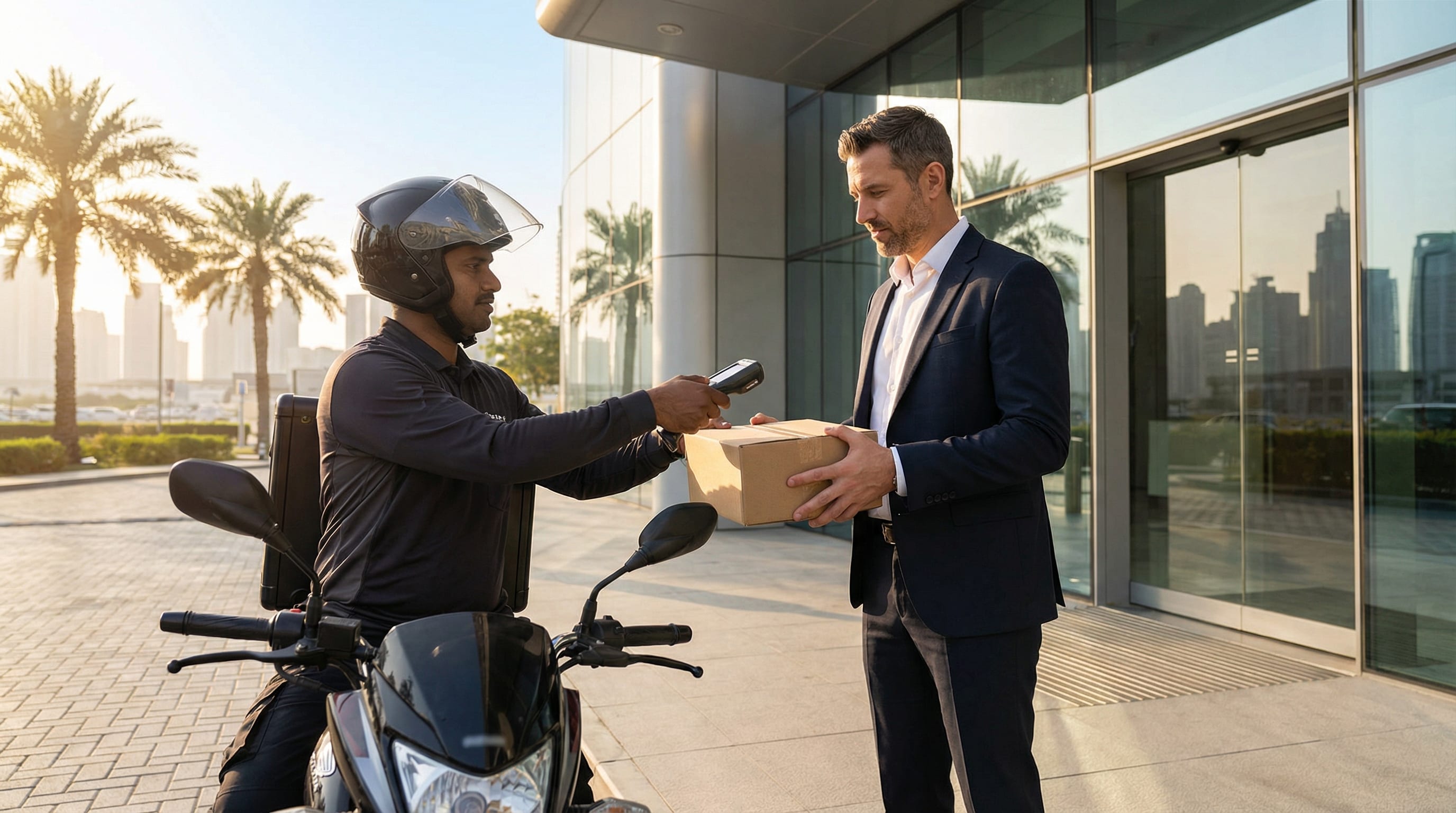 Express courier on motorcycle delivering package same day in Dubai cityscape