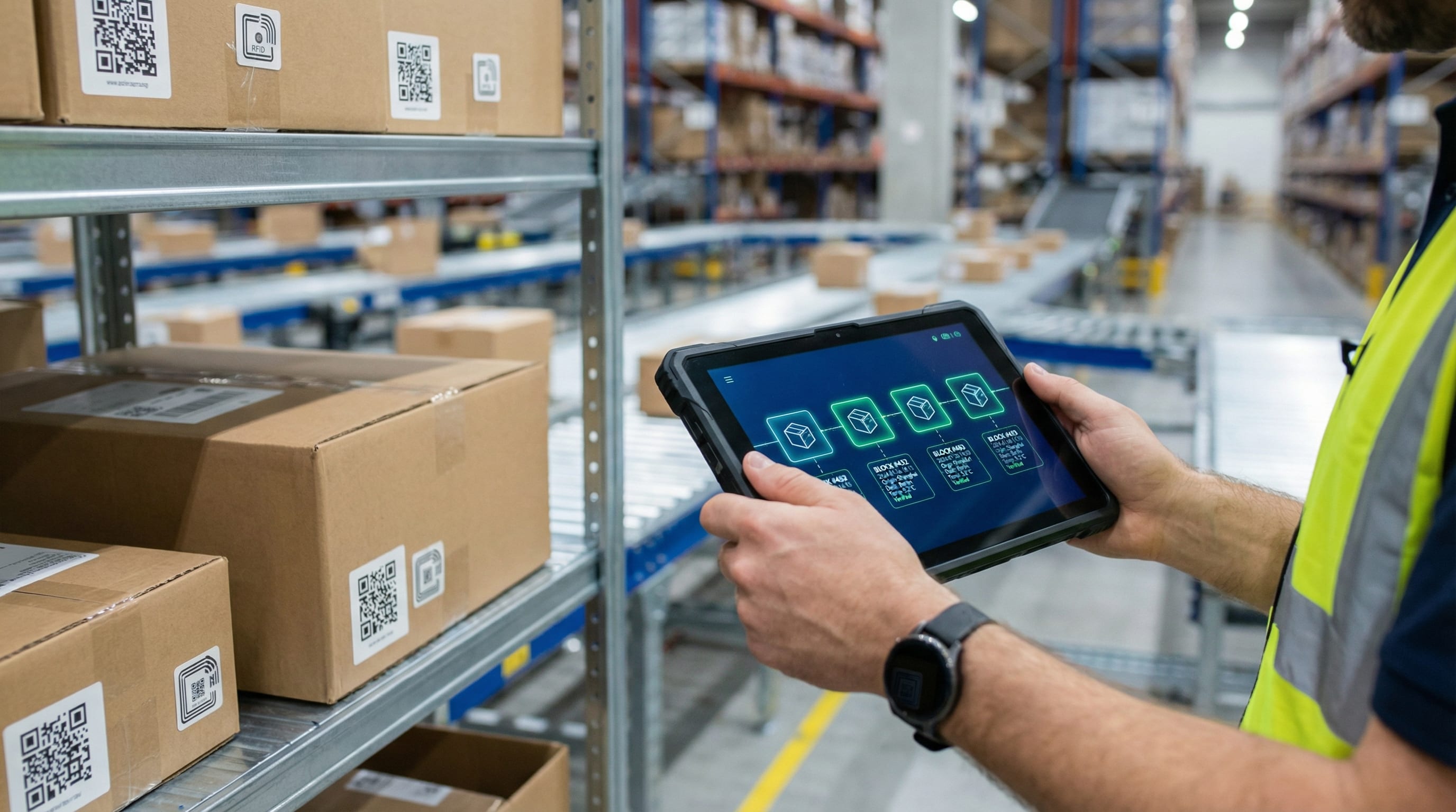 Logistics professional viewing blockchain-based shipment tracking data on a tablet in a Dubai warehouse