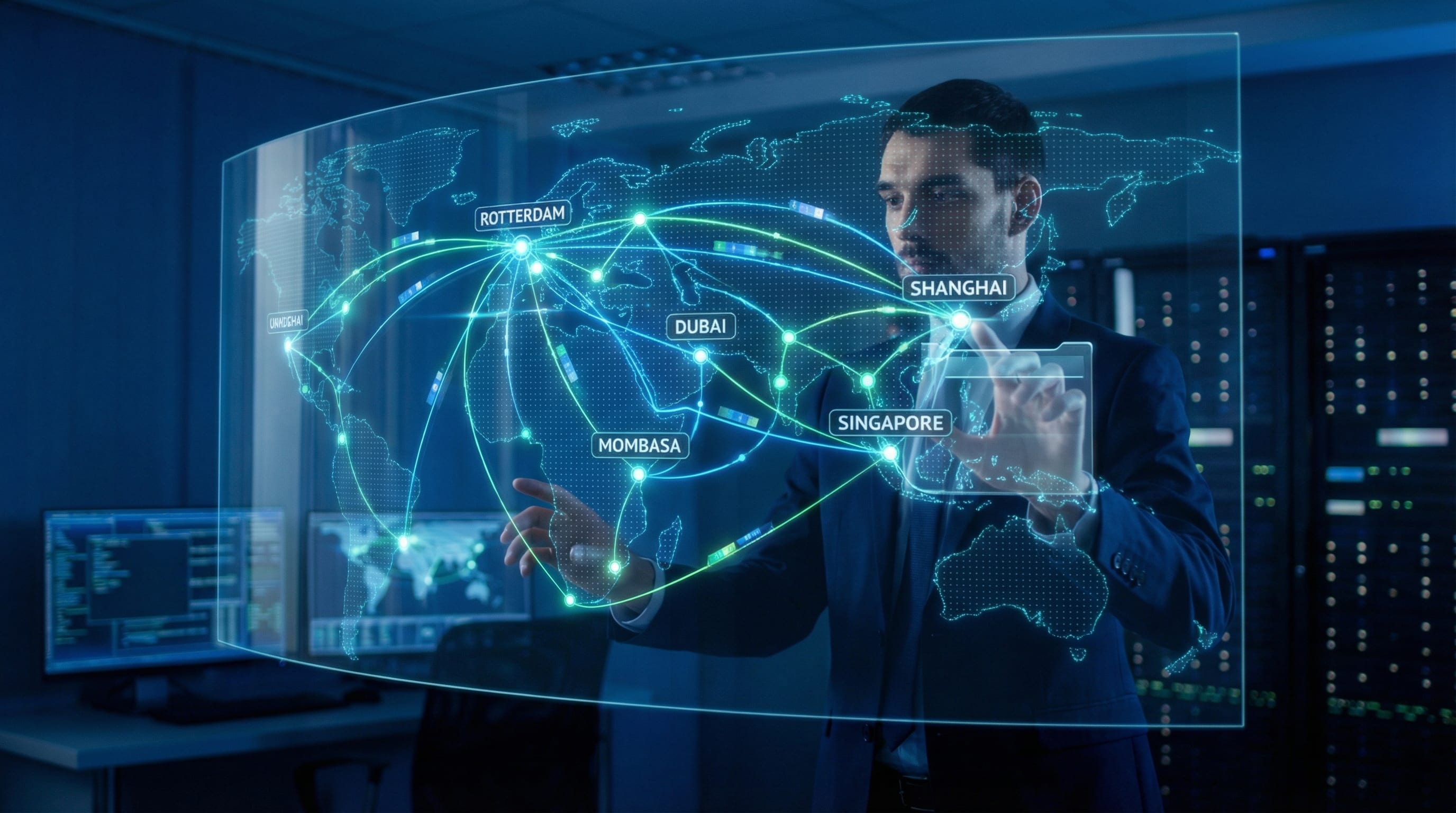 Digital twin holographic display showing real-time supply chain tracking across Dubai logistics network