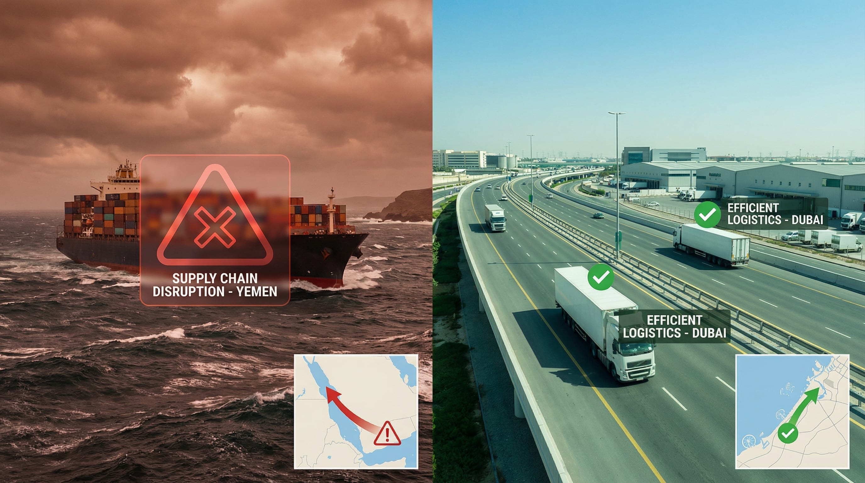 Split-screen comparison showing Red Sea shipping disruption routes versus Dubai's adapted multimodal logistics response