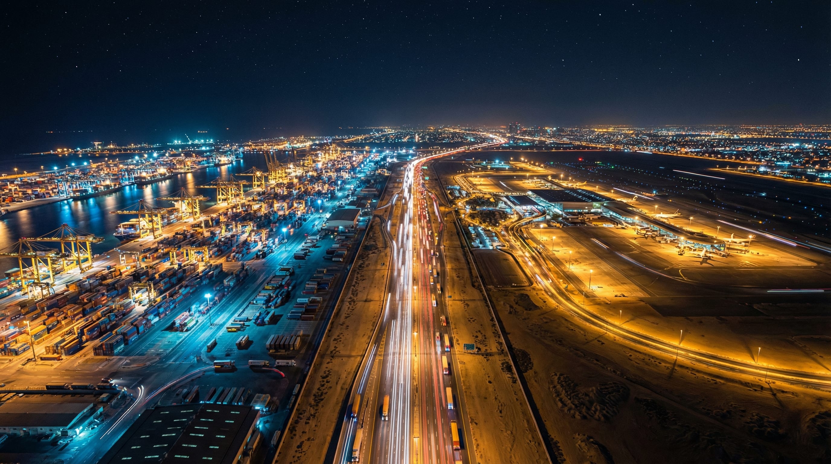 Nighttime aerial view of Dubai logistics corridor connecting Jebel Ali Port to Al Maktoum Airport