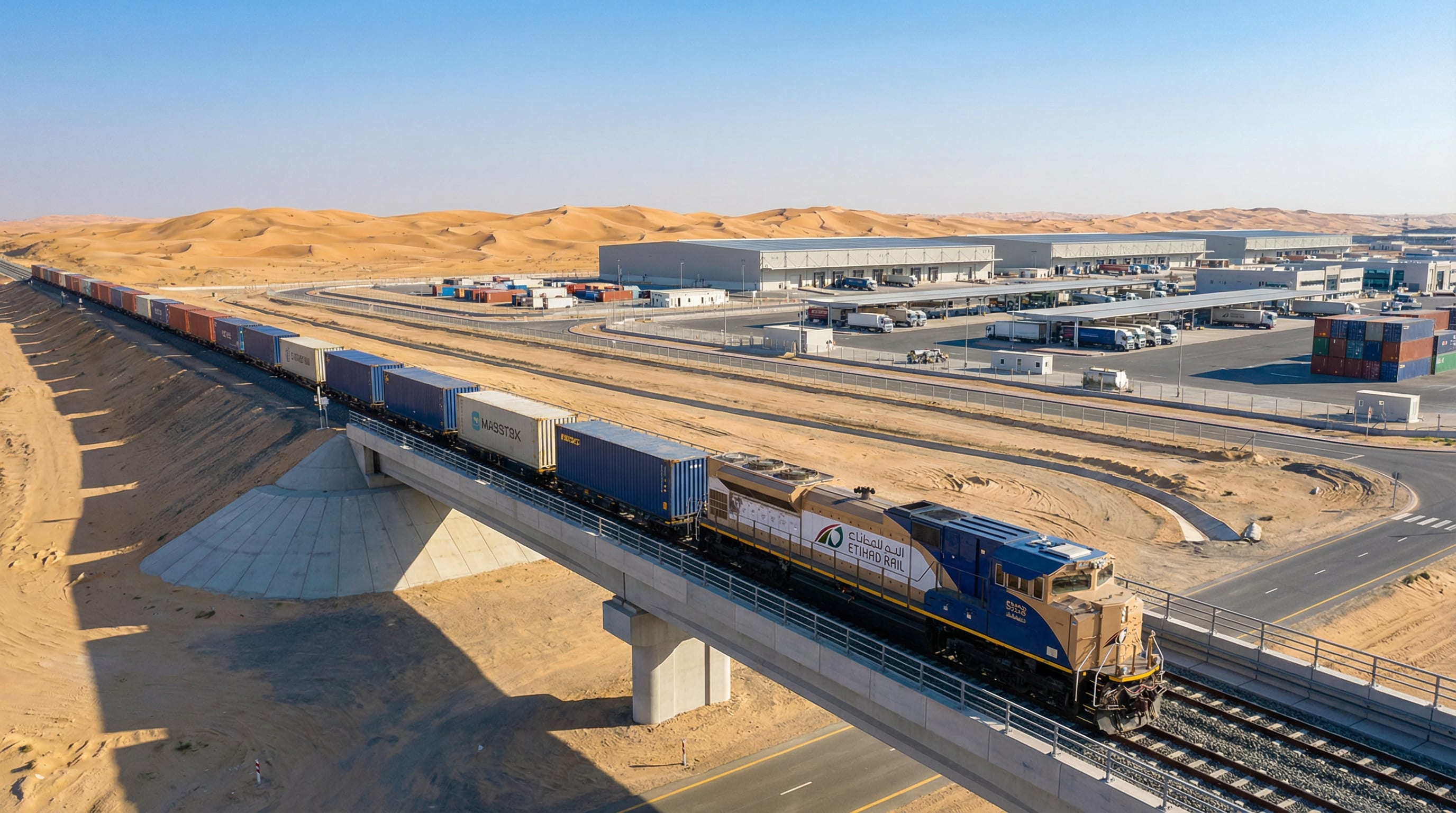 Etihad Rail freight train crossing the UAE desert, connecting Jebel Ali Port to the national rail network