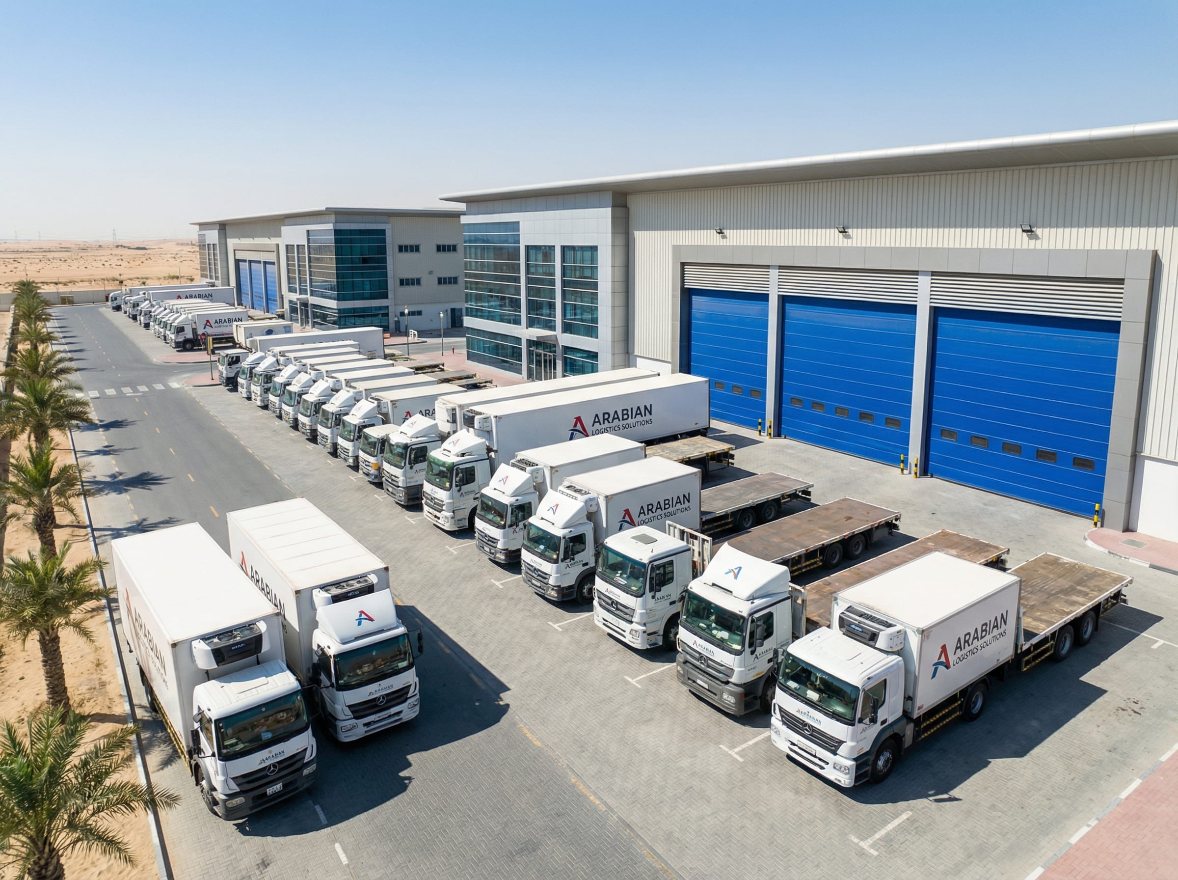 Fleet of branded logistics trucks parked in formation at a distribution hub in Dubai