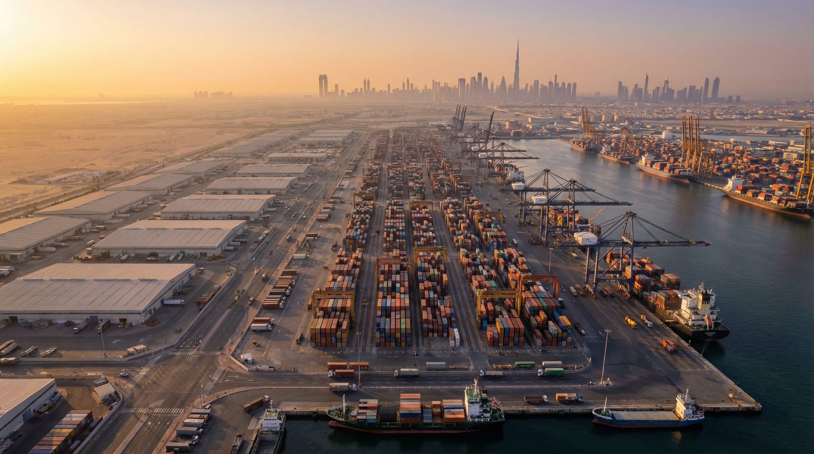 Aerial view of Jebel Ali Port in Dubai with thousands of shipping containers, gantry cranes, and cargo vessels along the waterfront