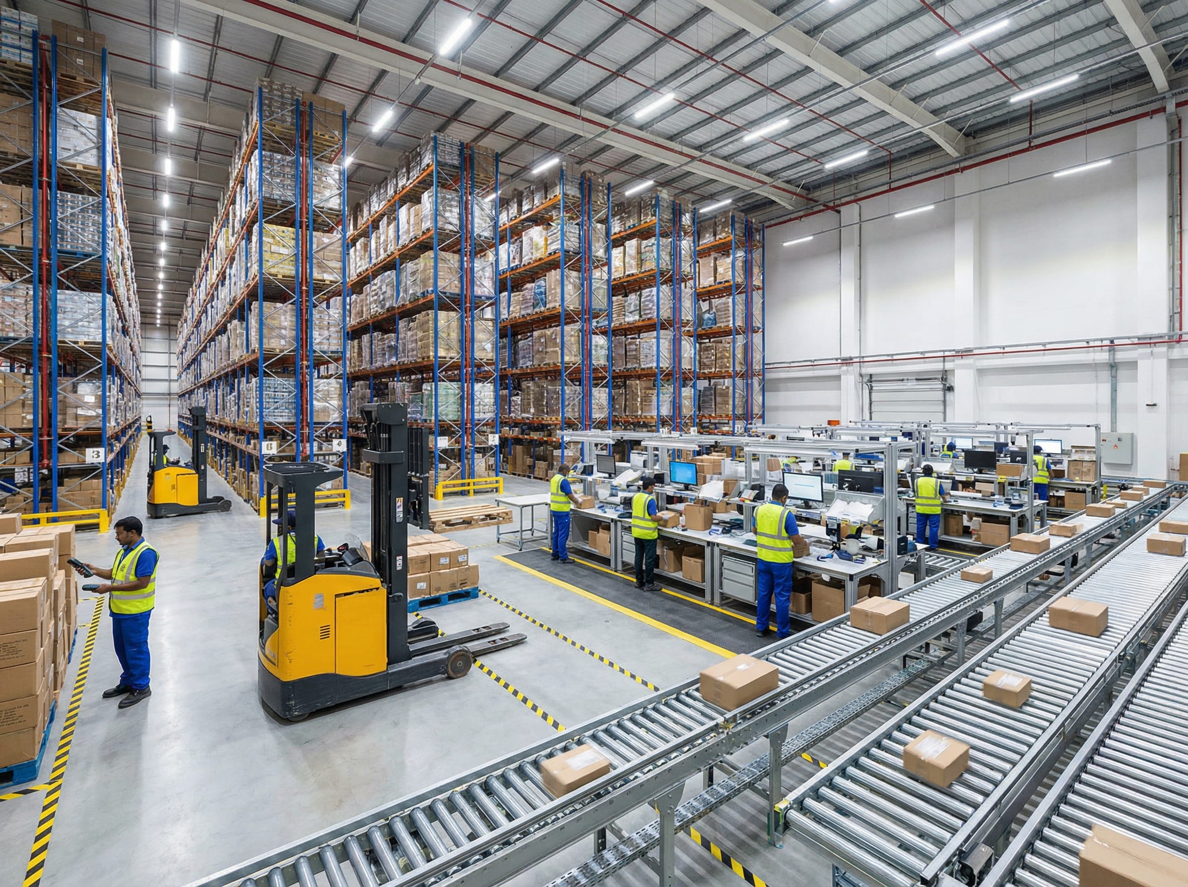 Interior of a modern distribution centre in Dubai with high-bay racking, conveyor systems, and forklift operators