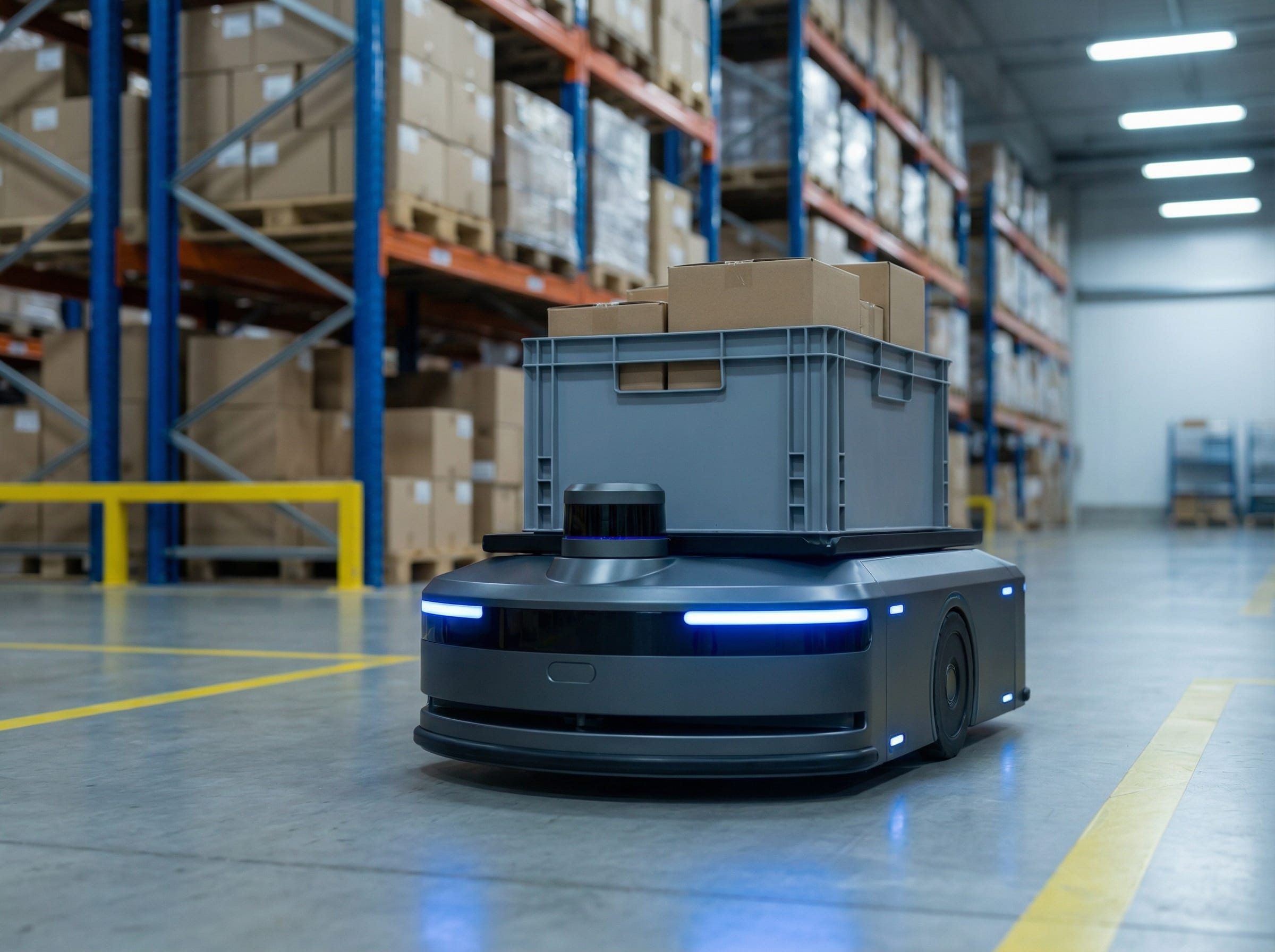 Autonomous mobile robot navigating a warehouse aisle carrying a loaded tote of goods