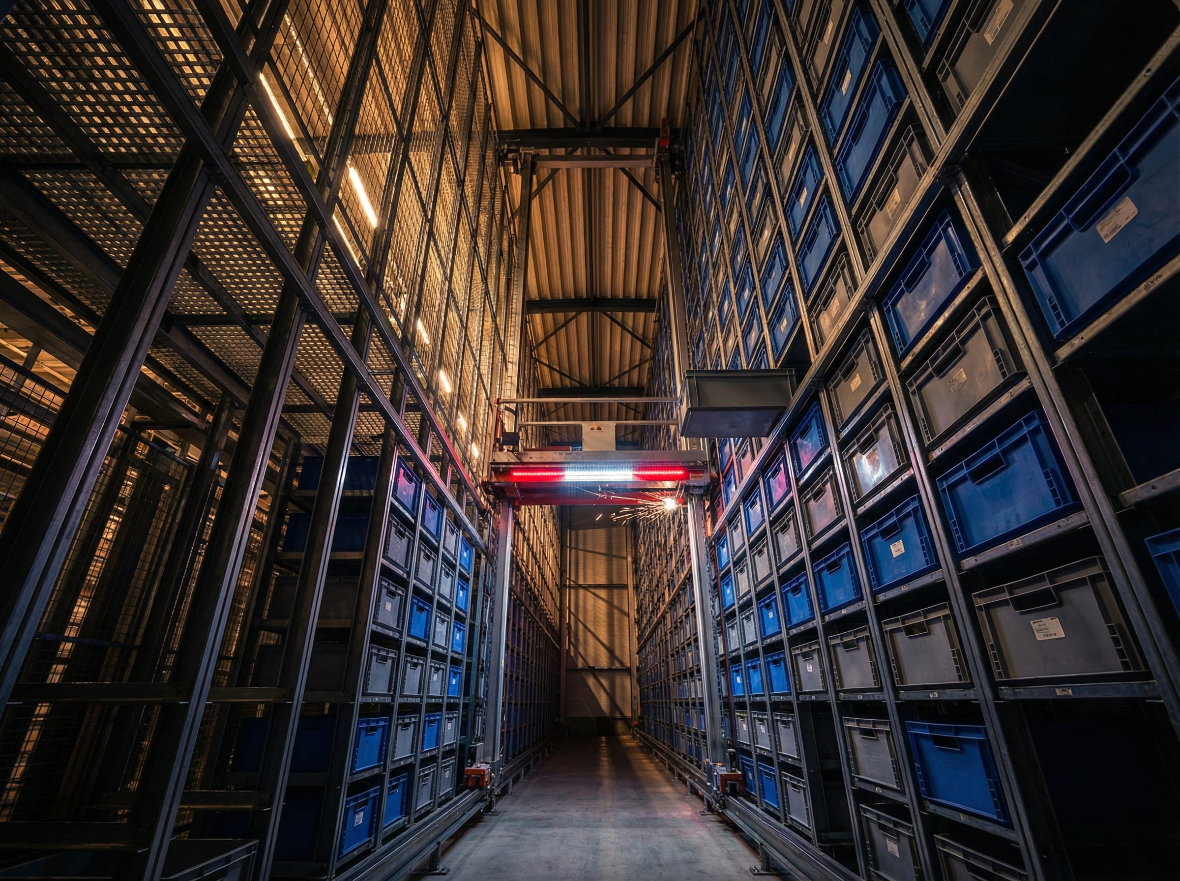 Interior of a high-bay automated storage and retrieval system with towering racking and robotic crane shuttle