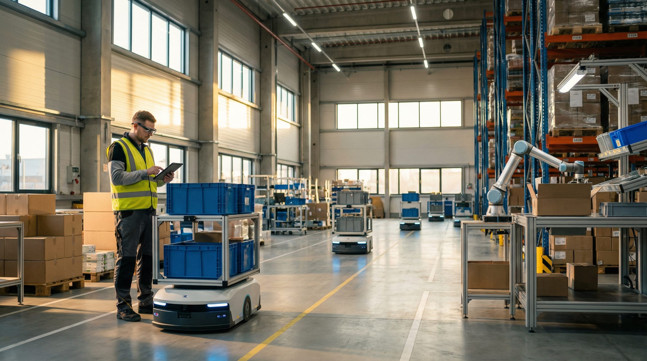 Modern automated warehouse with AMR robots and human workers collaborating alongside robotic arms