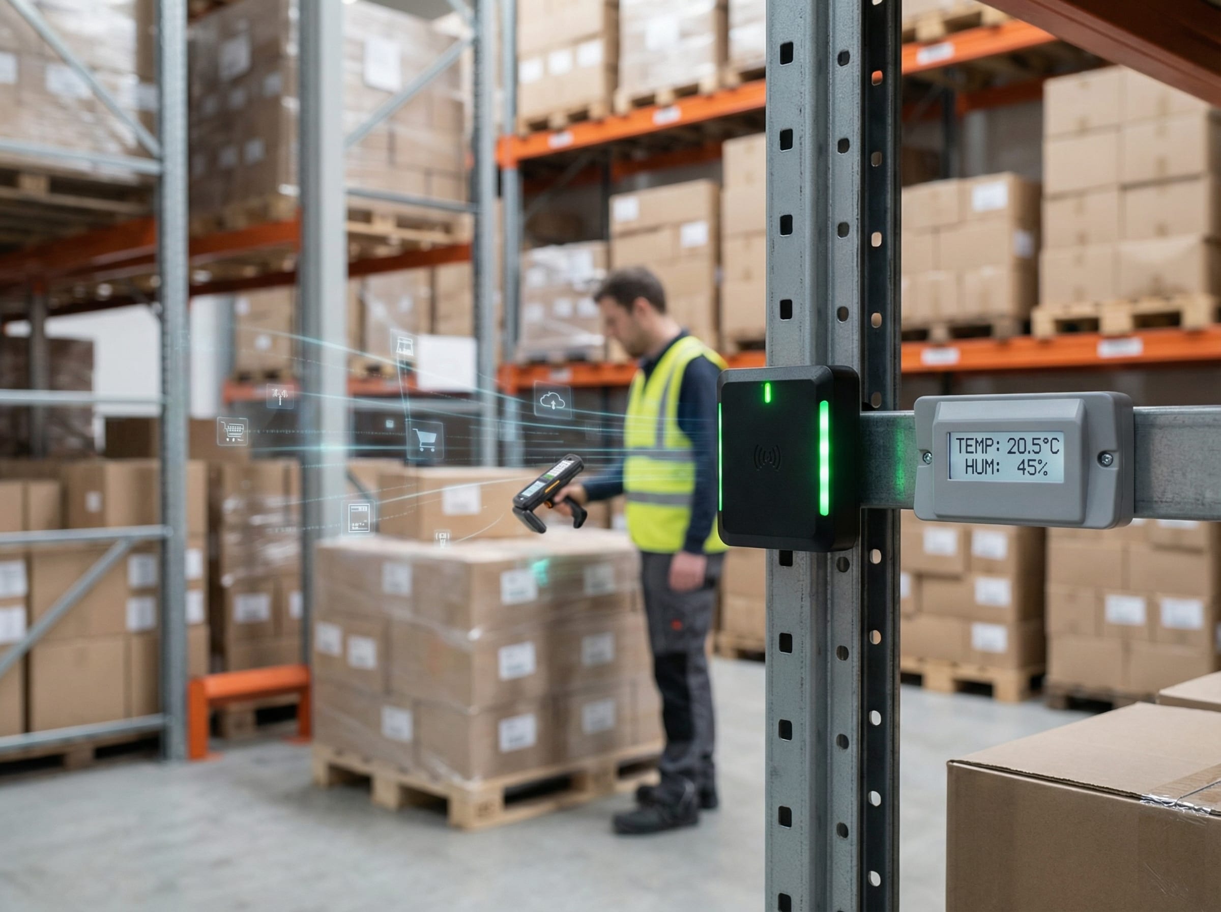 IoT sensors including RFID reader and temperature monitor mounted on warehouse racking with worker scanning in background