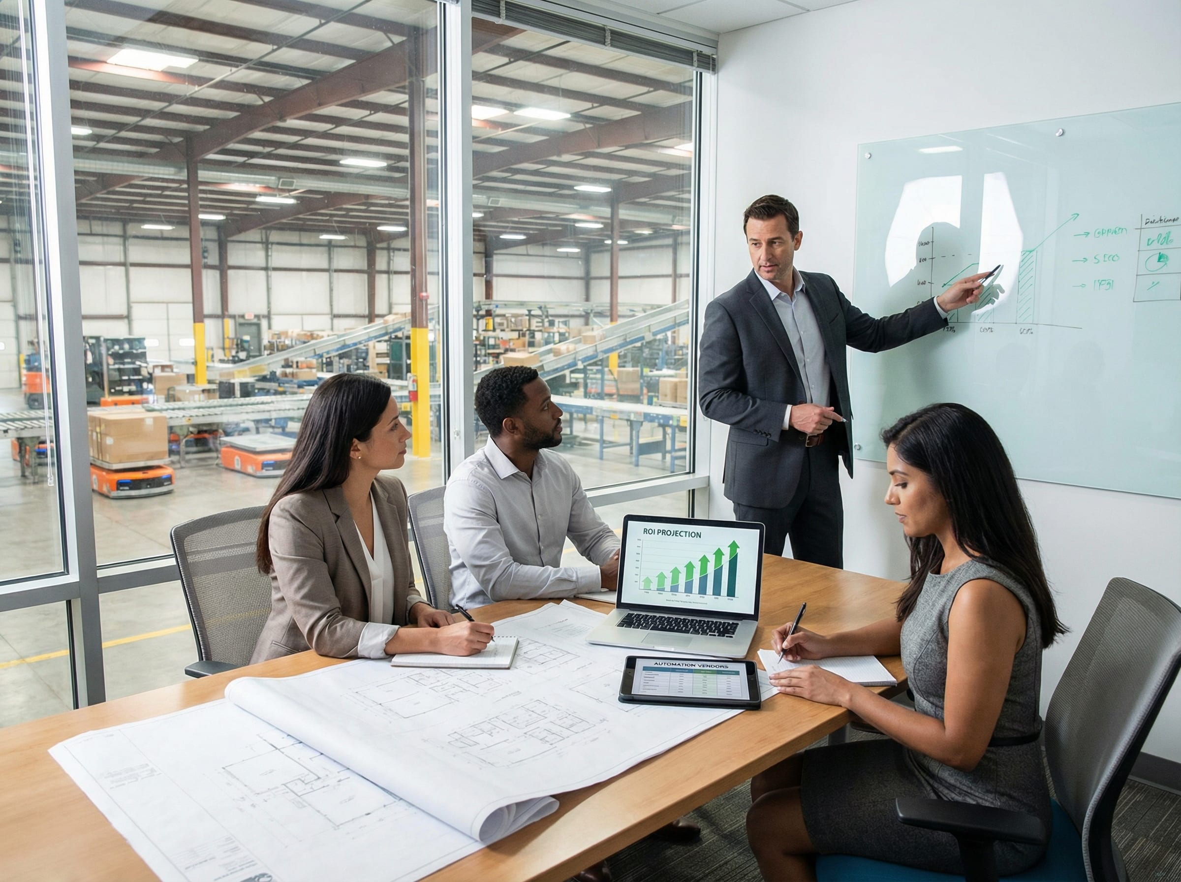 Logistics executives reviewing warehouse automation ROI projections in a modern office overlooking warehouse floor