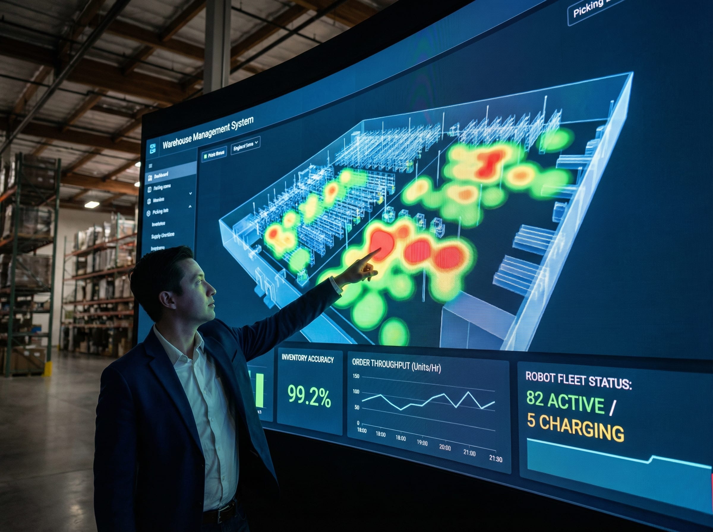 Warehouse management system dashboard with 3D digital twin visualization and heat maps