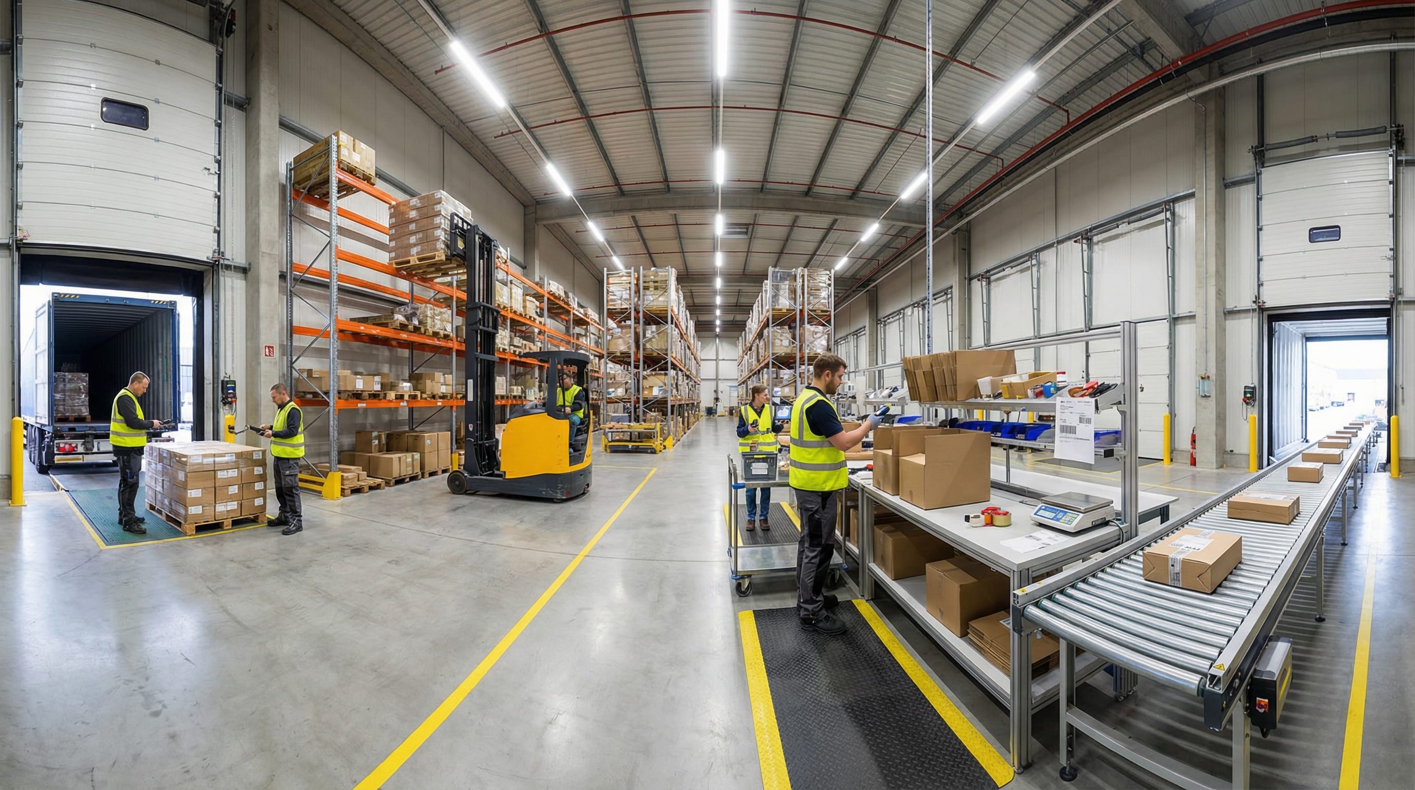 Panoramic view of a warehouse showing receiving, storage, picking, packing, and shipping stages simultaneously