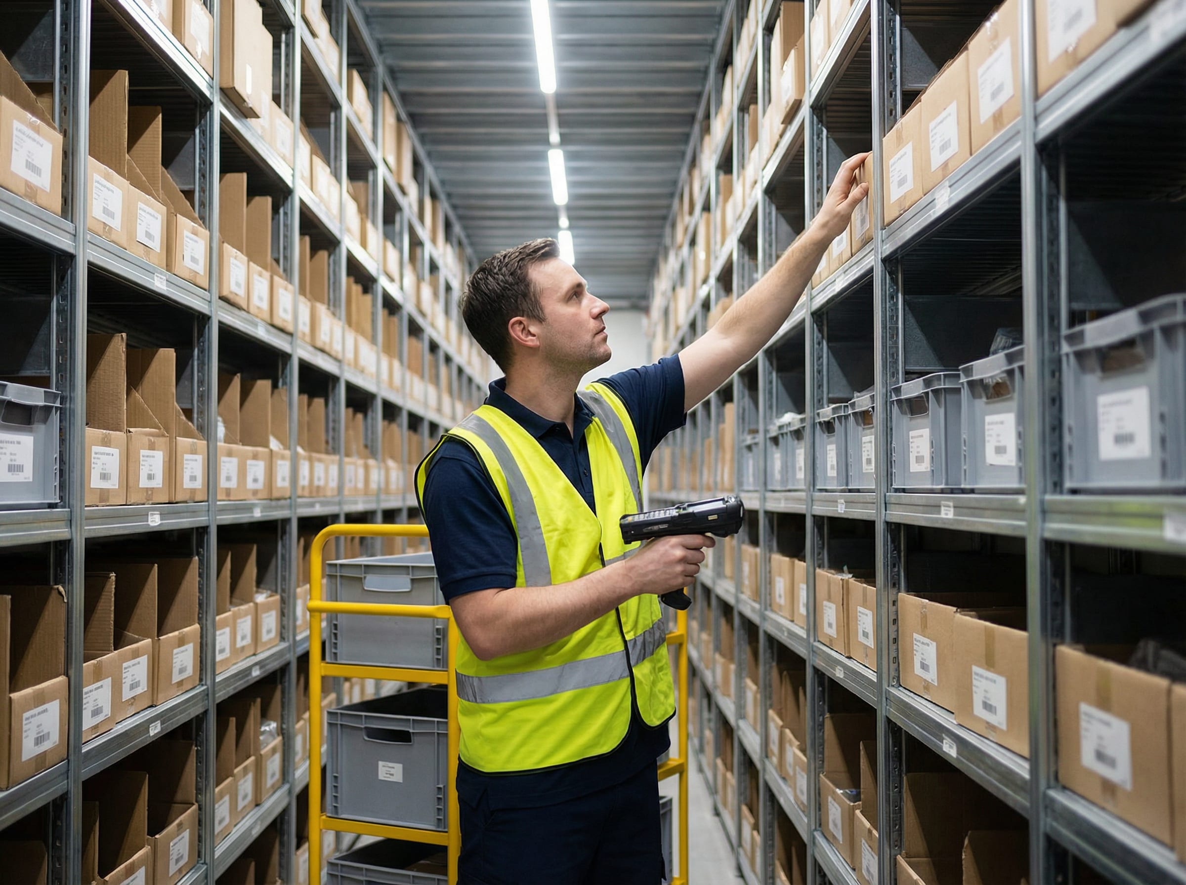 Warehouse worker with RF scanner and pick cart retrieving items from organized shelving