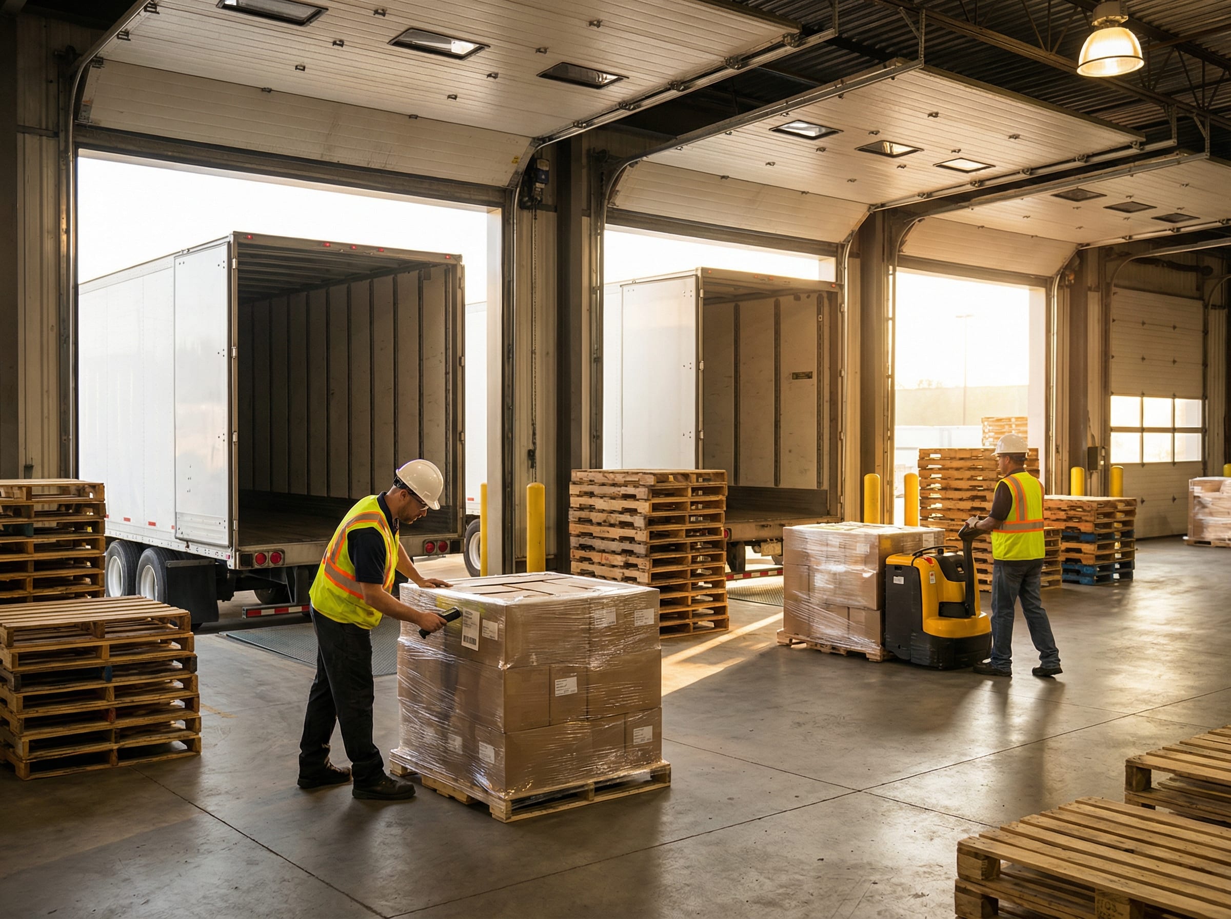 Warehouse workers at receiving dock scanning incoming pallets from trucks