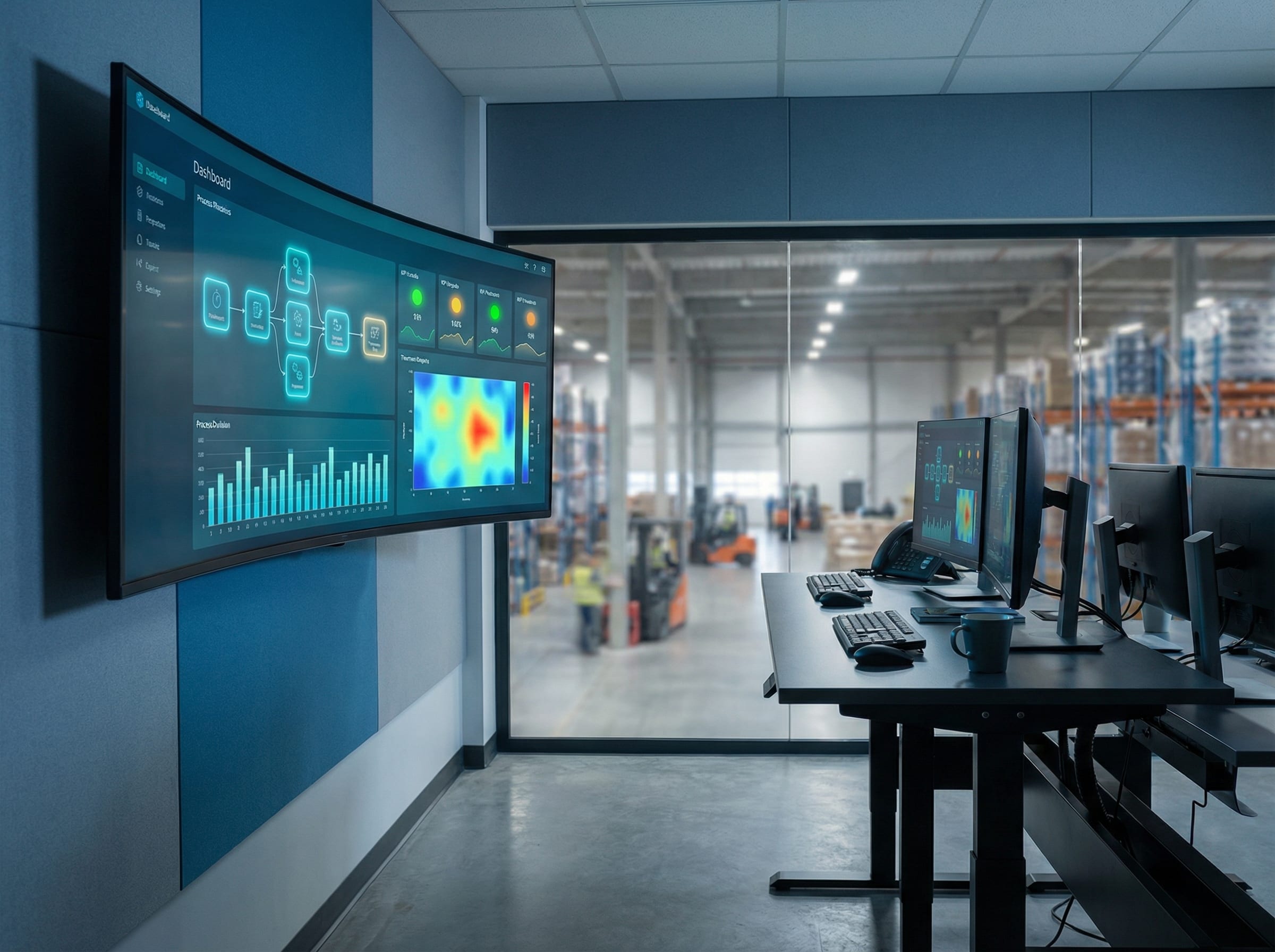 WMS dashboard showing process flow visualization with connected stages and real-time KPIs