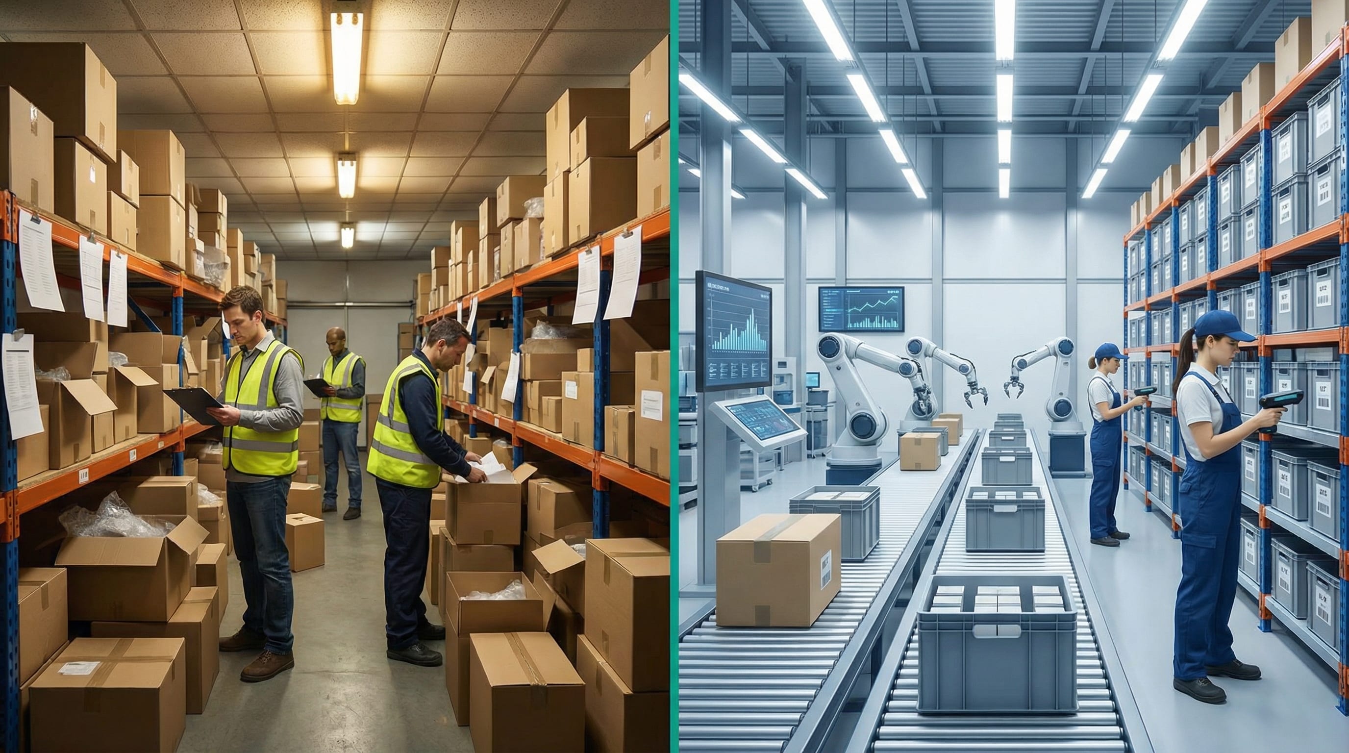 Before and after comparison of manual versus AI-managed warehouse operations