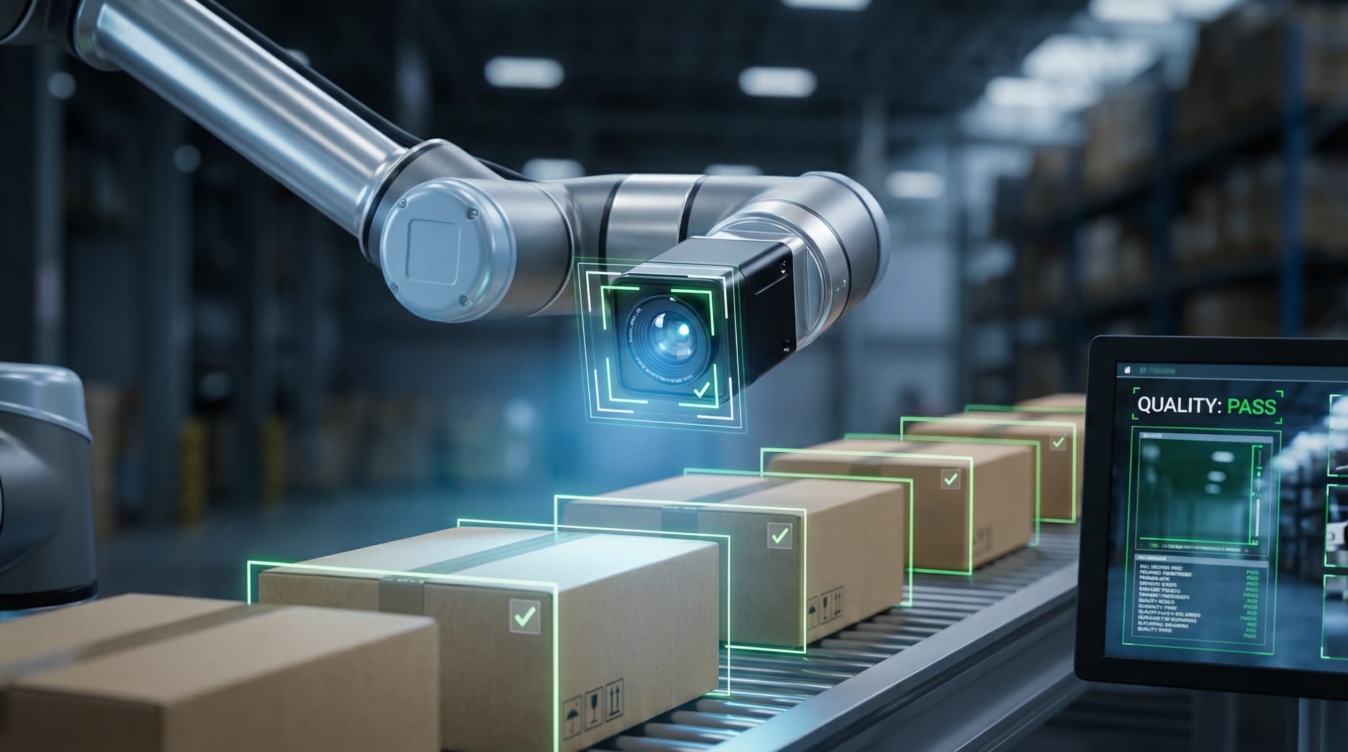 Computer vision system scanning packages on a conveyor belt with digital detection overlays
