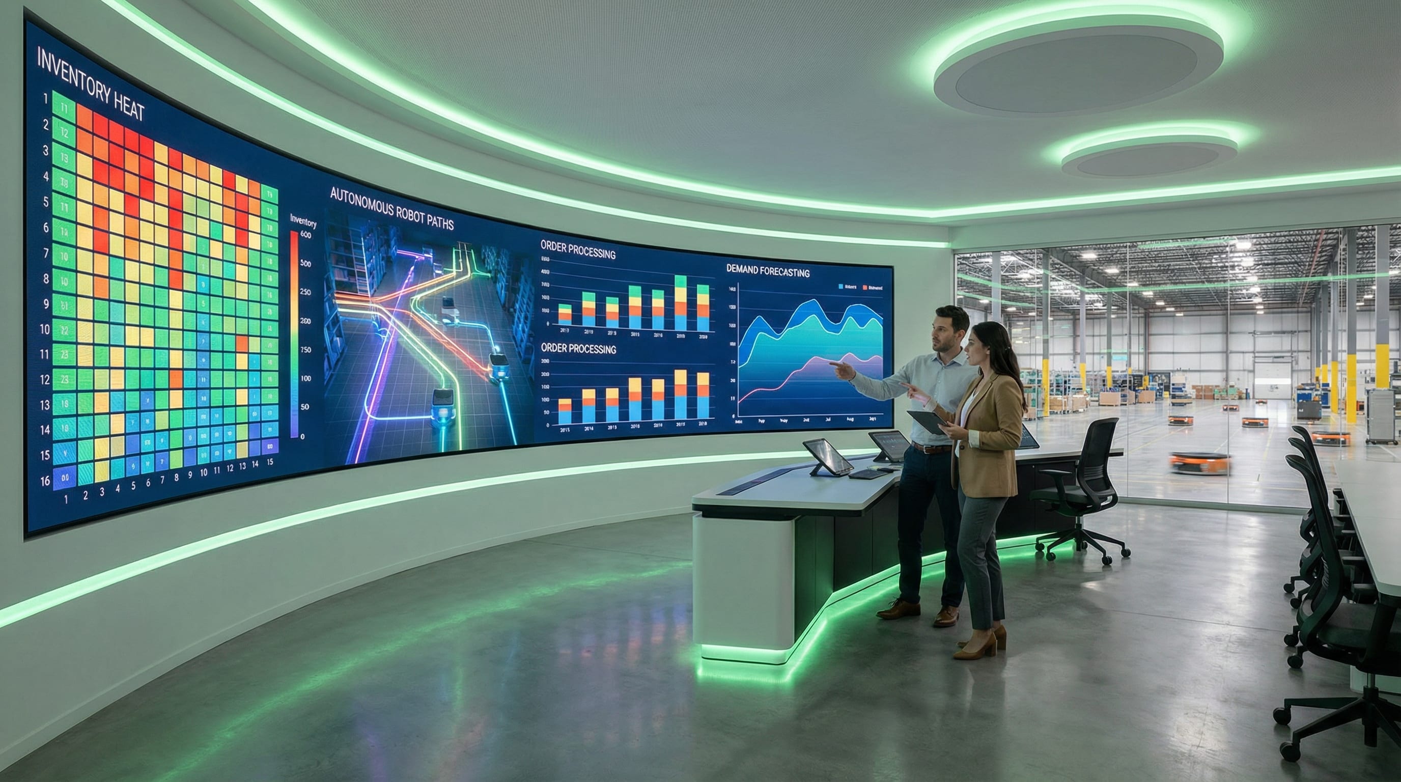 Modern warehouse control room with analytics dashboards showing real-time warehouse metrics
