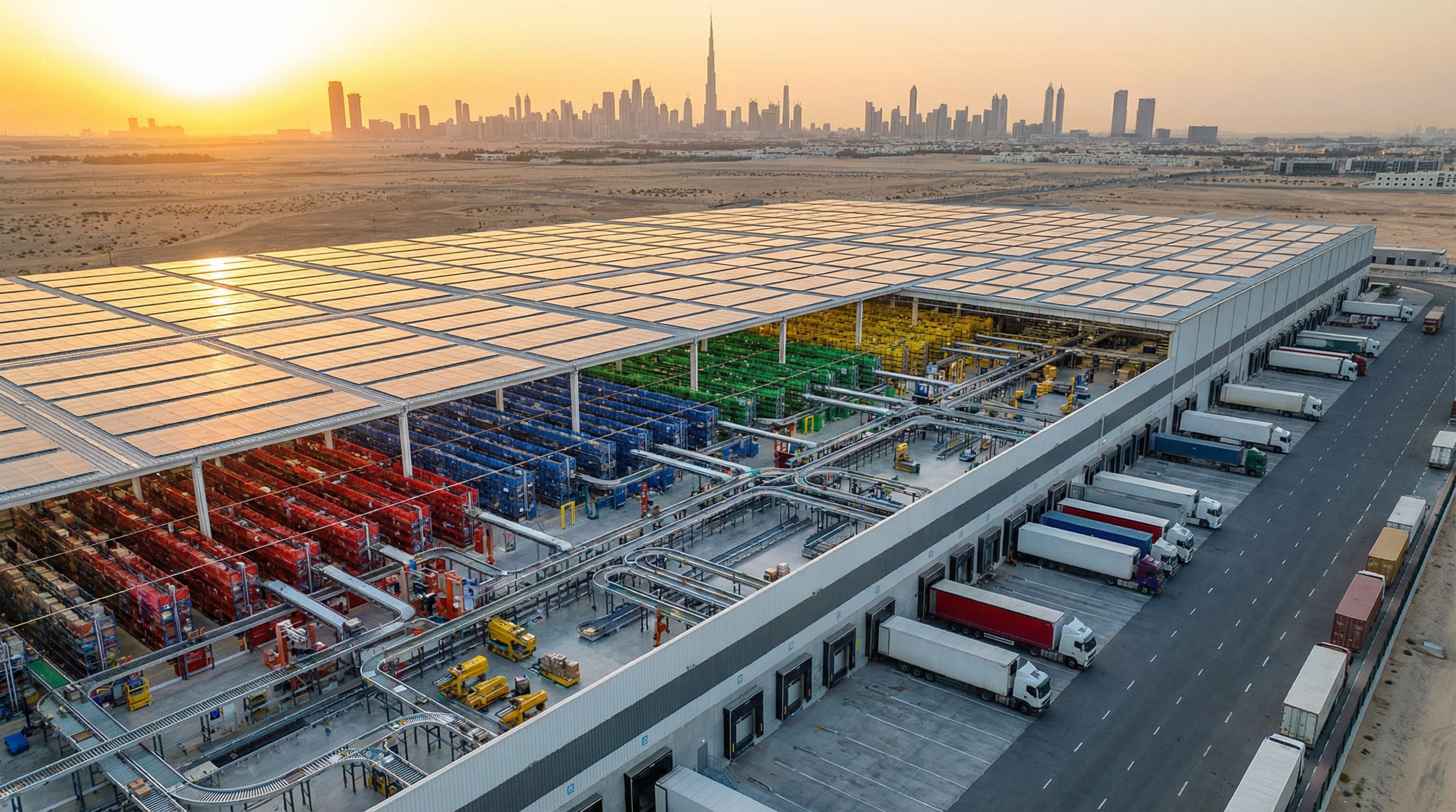 Aerial view of a modern automated warehouse in Dubai with the city skyline at sunset