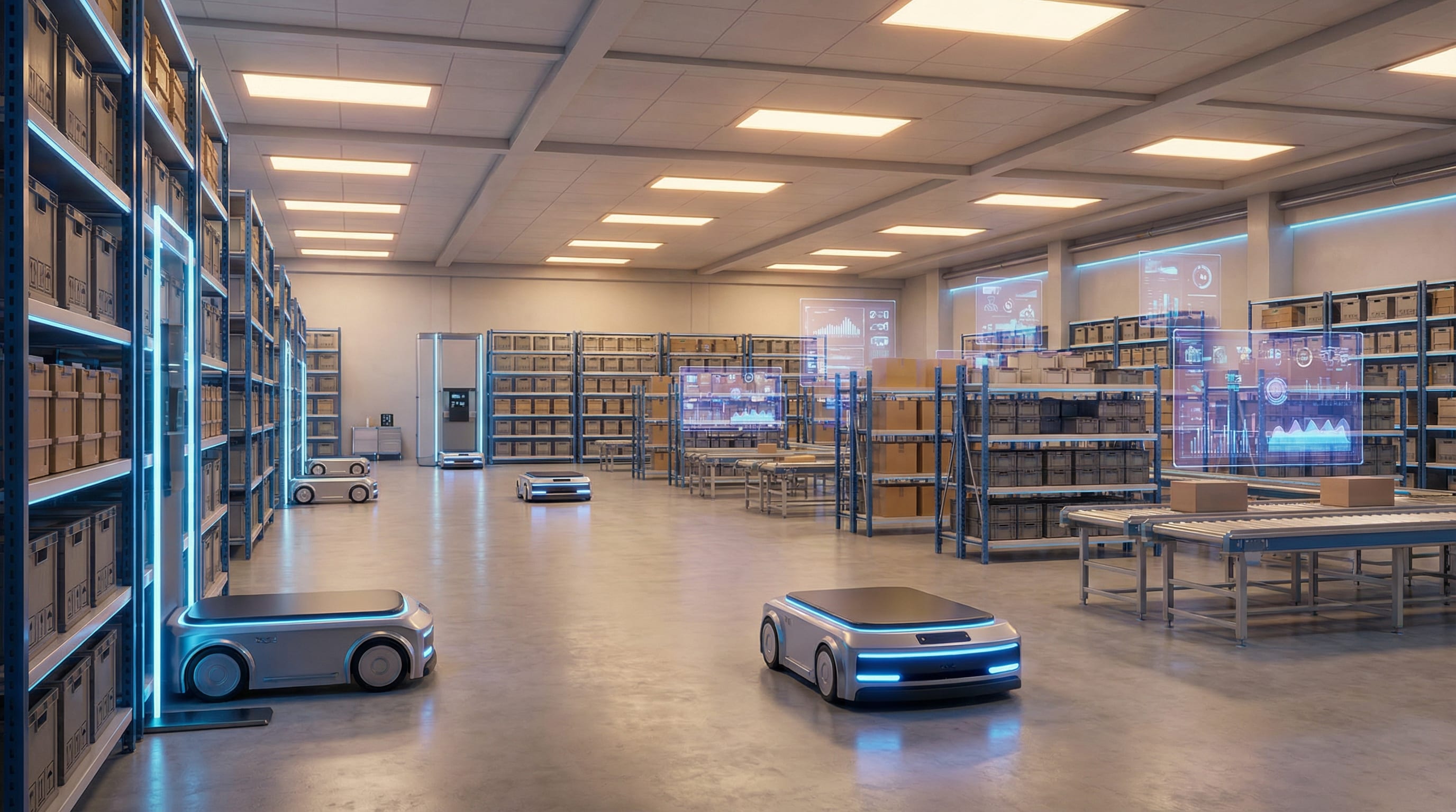 AI-powered warehouse with autonomous mobile robots and holographic data displays