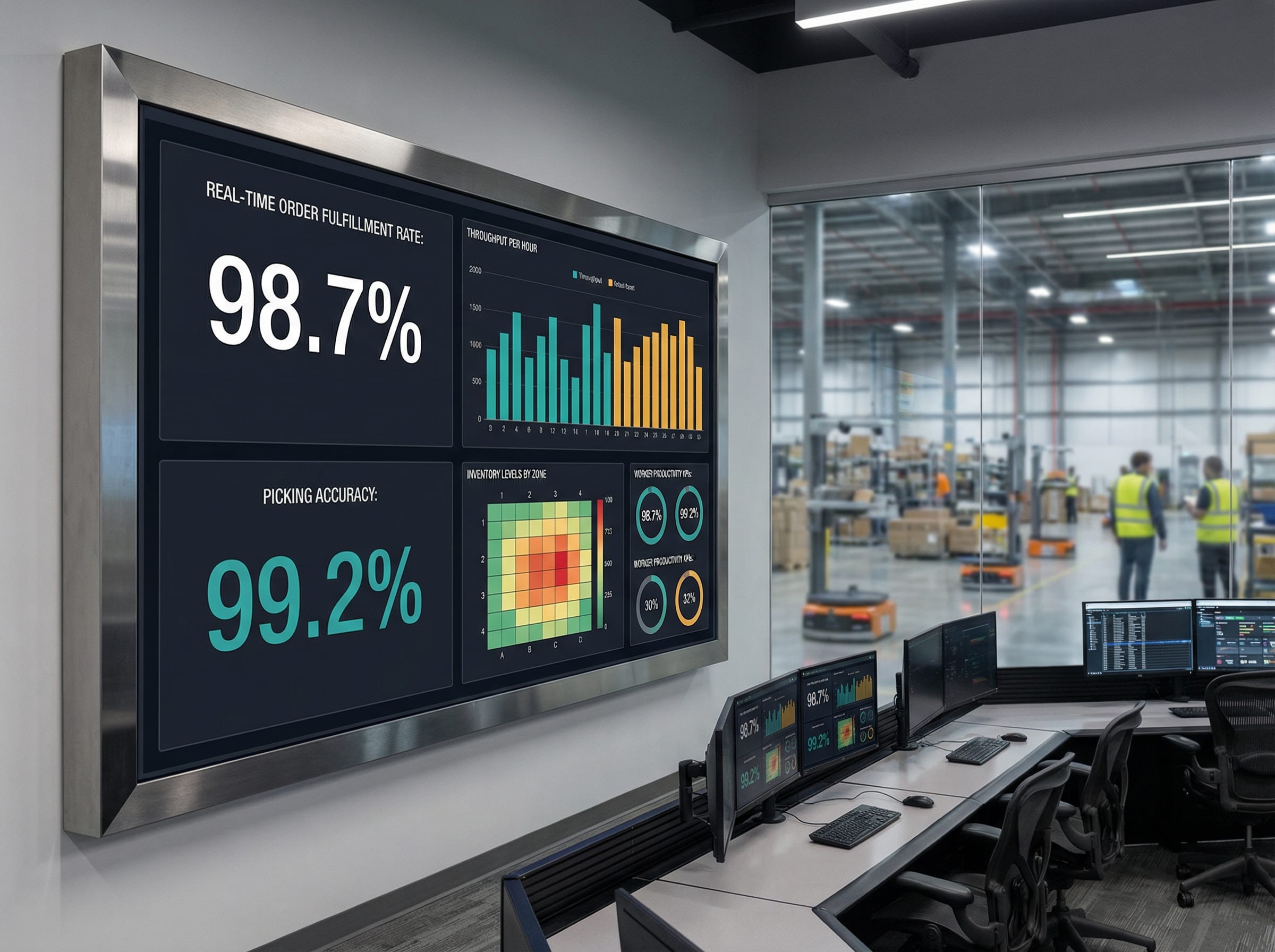 WMS analytics dashboard displaying real-time order fulfillment rate, picking accuracy, and zone heat maps in a warehouse control room