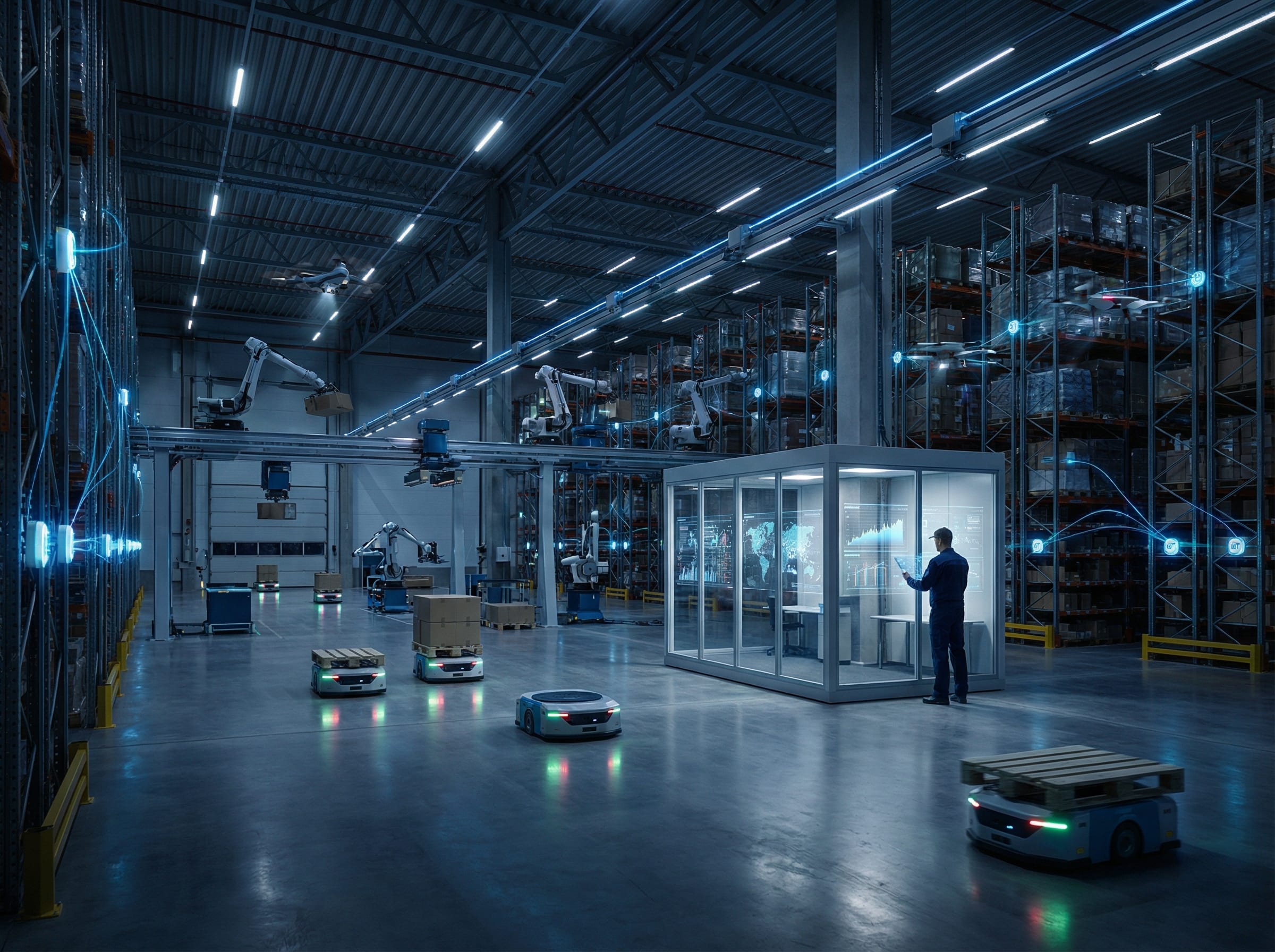 Futuristic autonomous warehouse with robotic arms, AMRs, inventory drones, and a human supervisor in a glass control booth