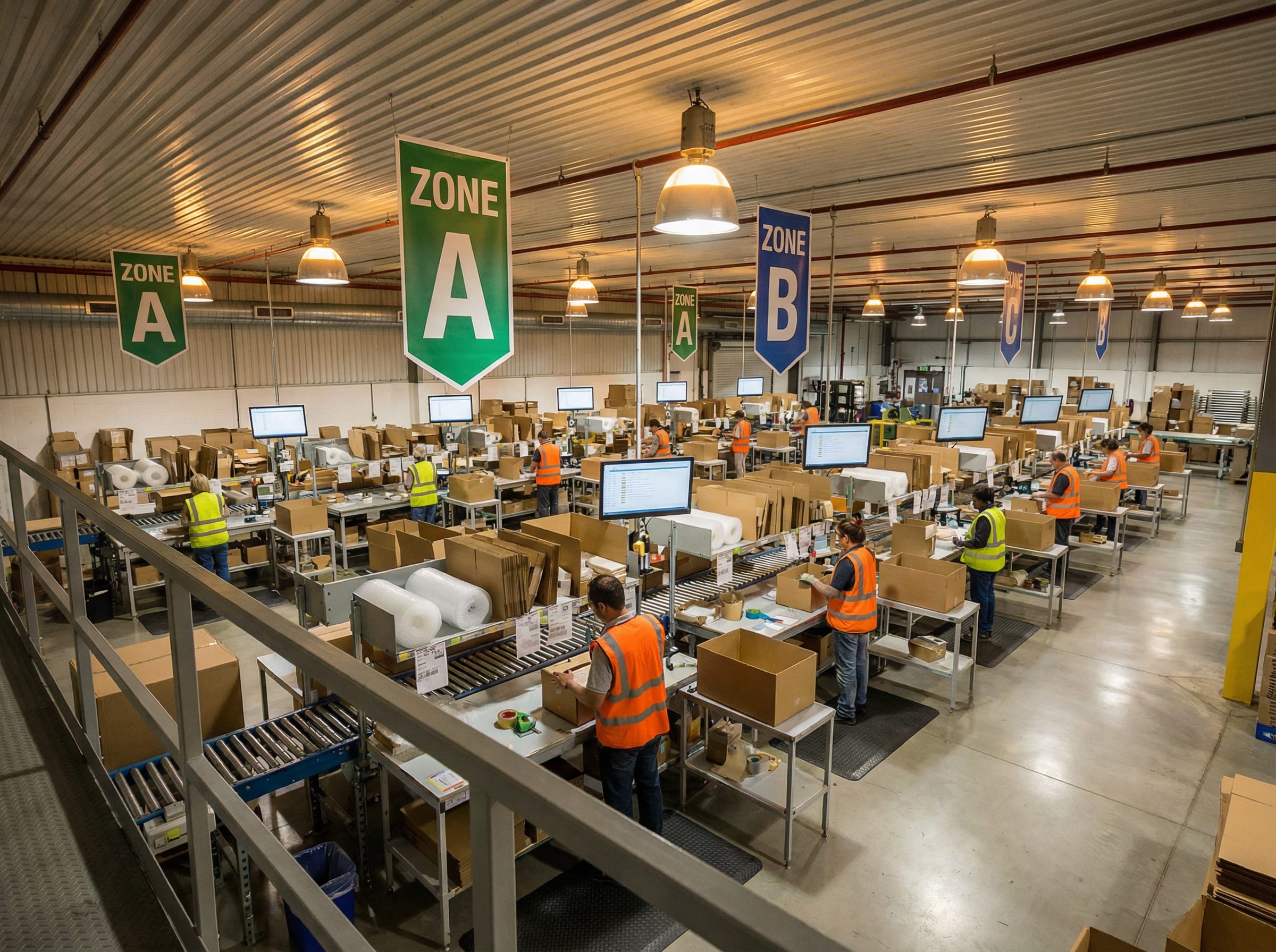 Busy warehouse picking and packing zone with multiple workstations, zone markers, and conveyor belts